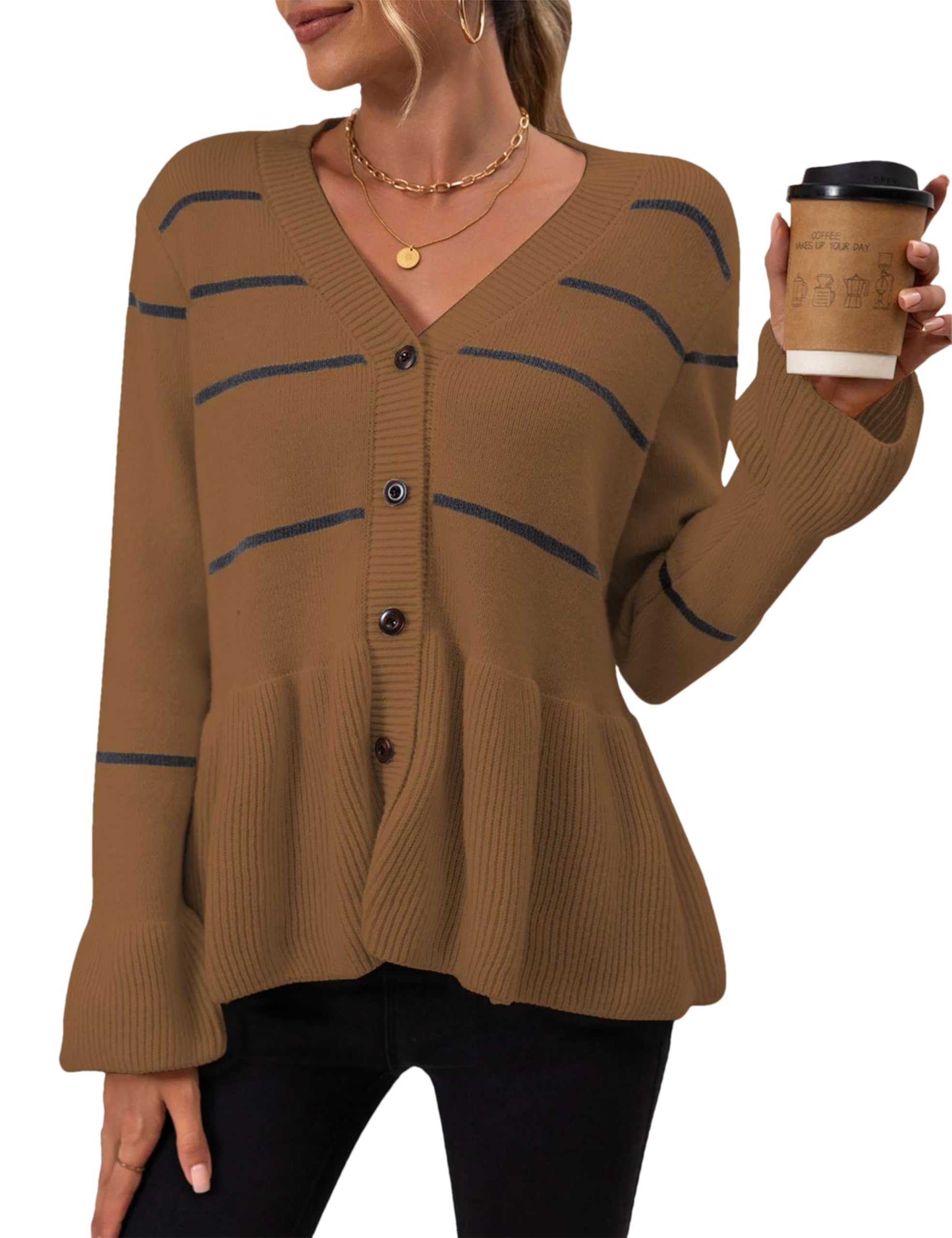 Women's Striped Cardigan Sweaters Long Sleeve Button Down Cropped Knit V Neck Casual Peplum Flared Hem Outwear-image-39