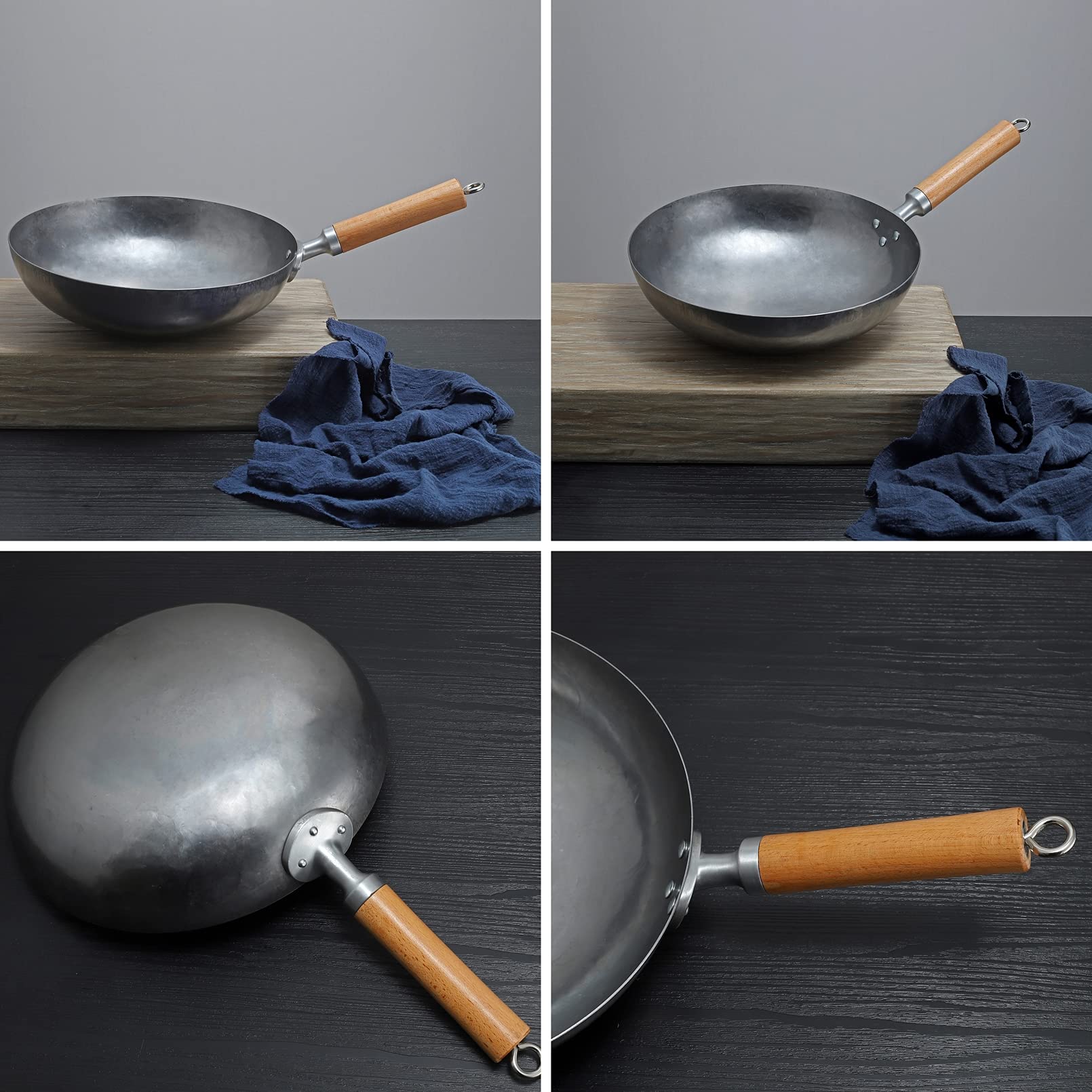 Wok, wok fatto a mano in acciaio al carbonio, 30/32/34 cm Ø fondo tondo in acciaio al carbonio per fornello a gas, spessore 1,5 mm, con manico in legno e acciaio,30CM