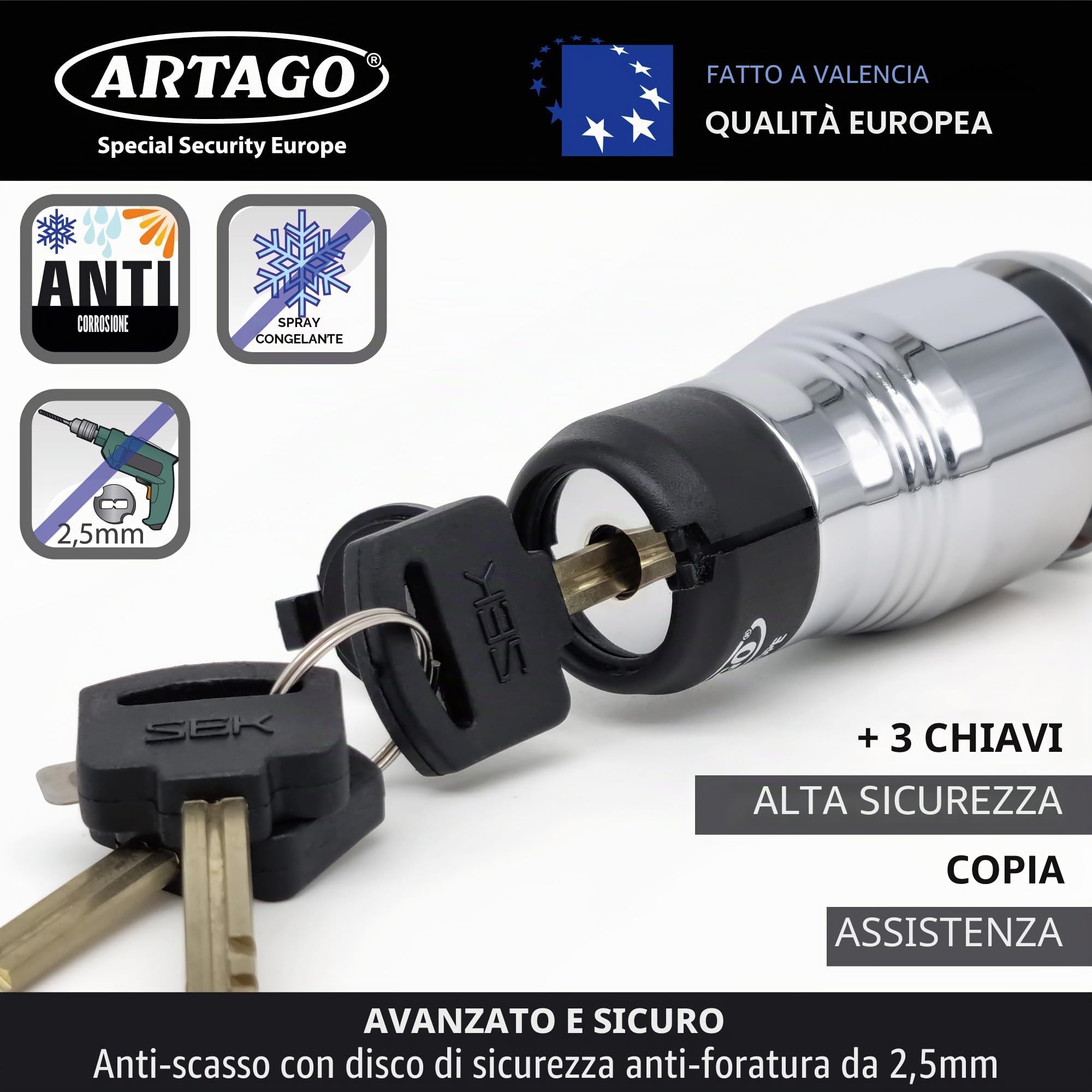 Artago 562-I Bloccadisco Moto Alta Gamma + Regalo Supporto di Trasporto, Blocco a 4 Sfere in Acciaio, Cromato, Serratura Alta Sicurezza, Lucchetto Antifurto Pinza Blocca Disco Moto Ruota Scooter