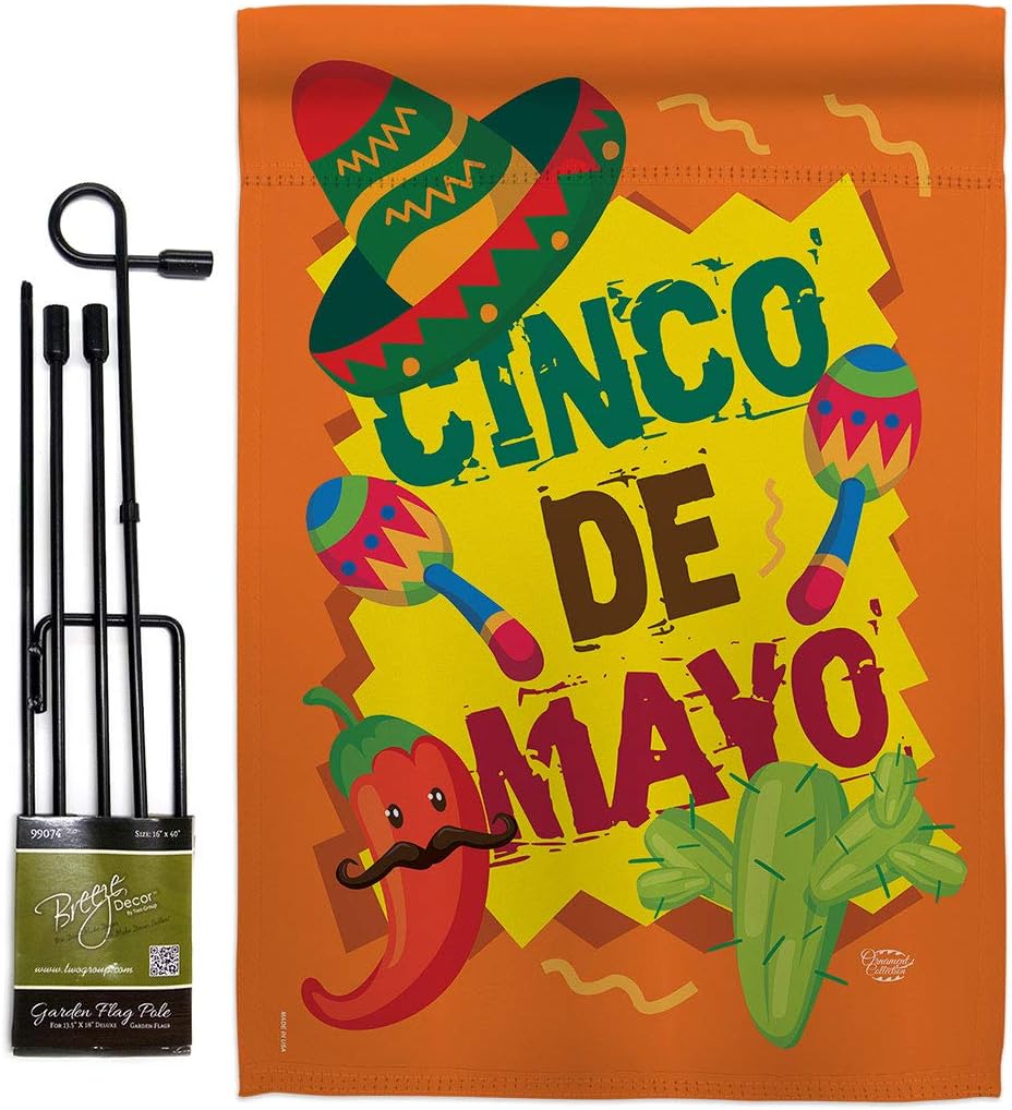 Cinco de Mayo Garden Flag Set Wall Holder Summertime Party Cactus Pinata Sombrero Mexican Fiesta Outdoor Small Decorative Gift Yard House Banner Made in USA 13 X 18.5