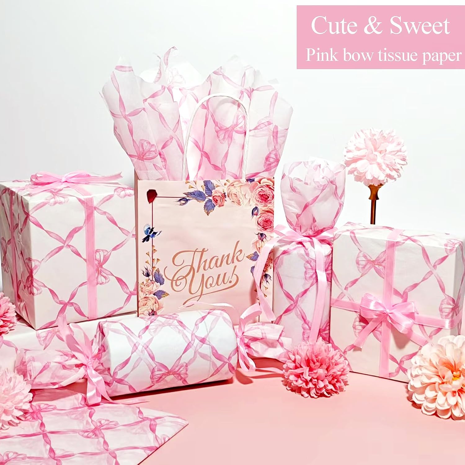 Pink Bow Tissue Paper, Cute Girly Gift Wrapping Tissue Paper For Gift Bags Packaging, Matte Gift Wrap Tissue For Birthday Wedding Holiday Christmas Party Decor Art Crafts,30 Sheets 20x14inch image 3