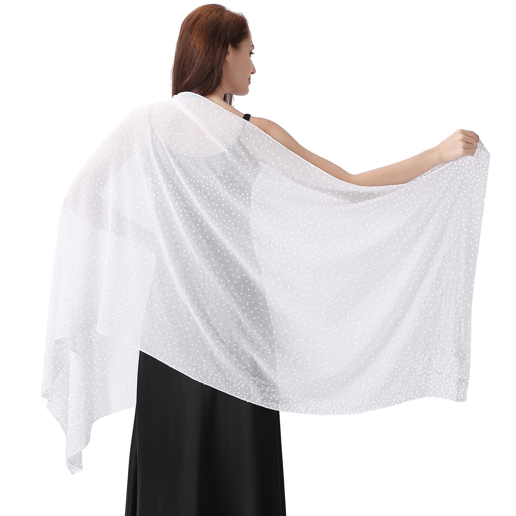 Ladiery Women's White Shawl And Wraps For Evening Dresses, Soft Sheer Chiffon Sparkly Rhinestone Wedding Scarf Formal Shawl Wraps For