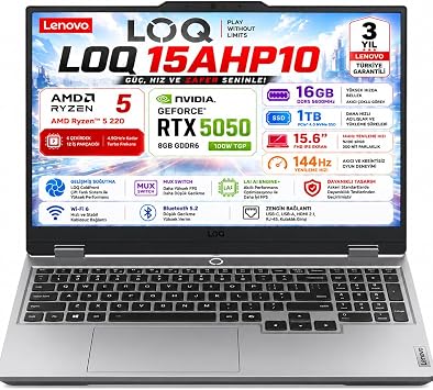 Lenovo LOQ 15AHP10 AMD Ryzen 5 220 16GB 1TB SSD RTX 5050 8GB 100W 15.6" FHD IPS Panel 144Hz Freedos Ta nabilir Bilgisayar 83JG009TTR