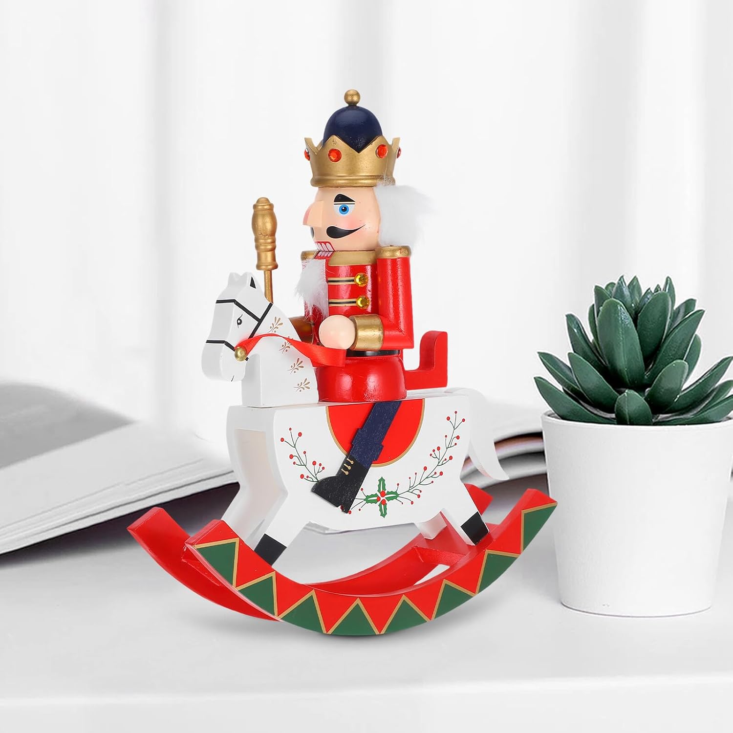 Wooden Christmas Nutcracker Figurine Rocking Nutcracker Horse Shelf Décor Traditional Festive Holiday Tabletop Ornament for Seasonal Home Decoration