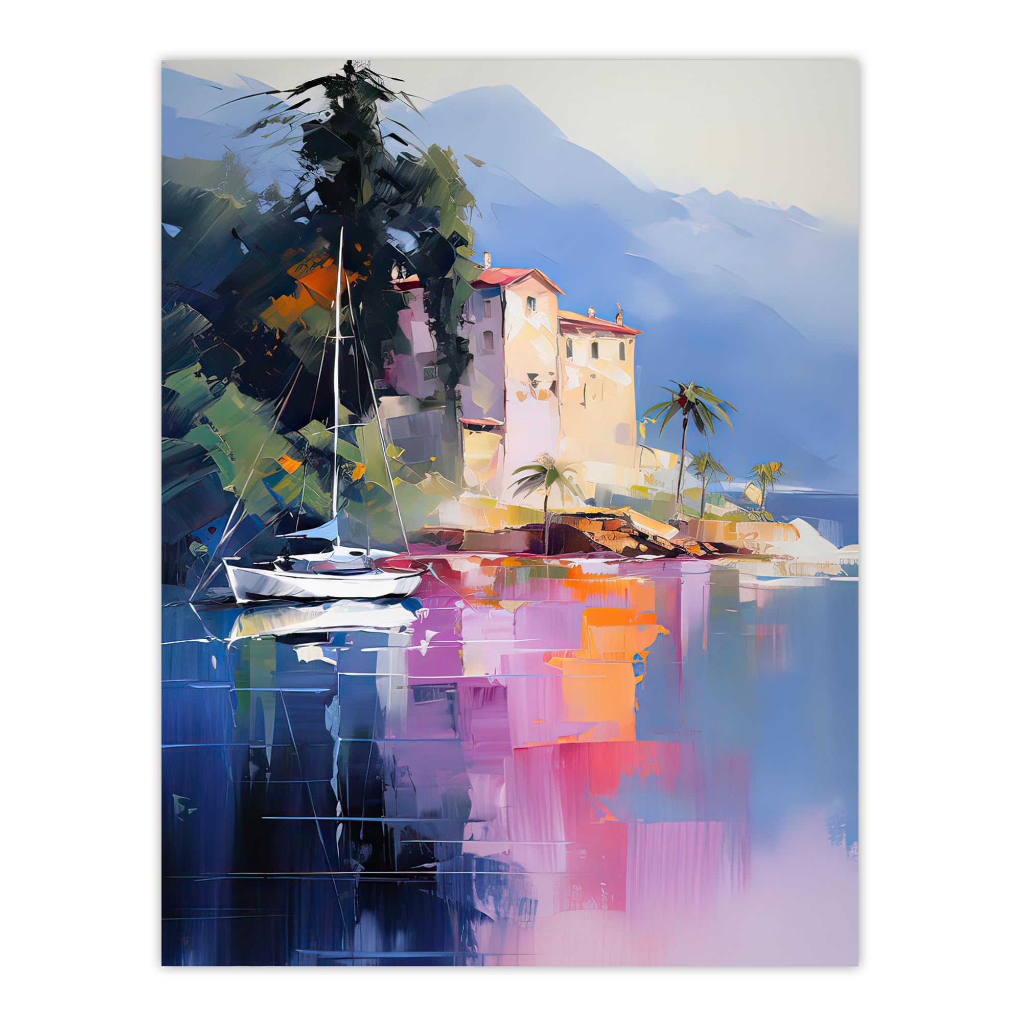 Artery8 Sail Boat on Lake Como Colourful Oil Painting Scenic Italian Landscape Extra Large XL Wall Art Poster Print