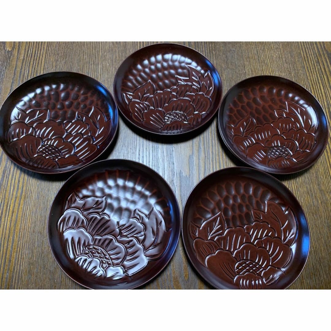 Amazon.co.jp: 漆器銘々皿 鎌倉彫り 5枚セット 牡丹 : ホーム＆キッチン