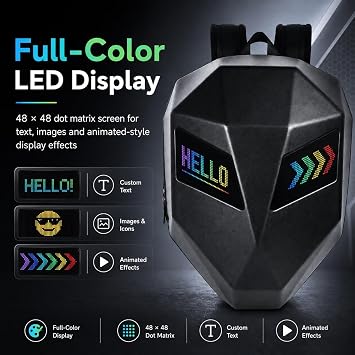 Motorcycle Backpack with LED Eyes 48 x 48 Full-Colour Display Waterproof 1680 PVC Programmable via Bluetooth with the LOY Eyes App with Large Zip Pocket