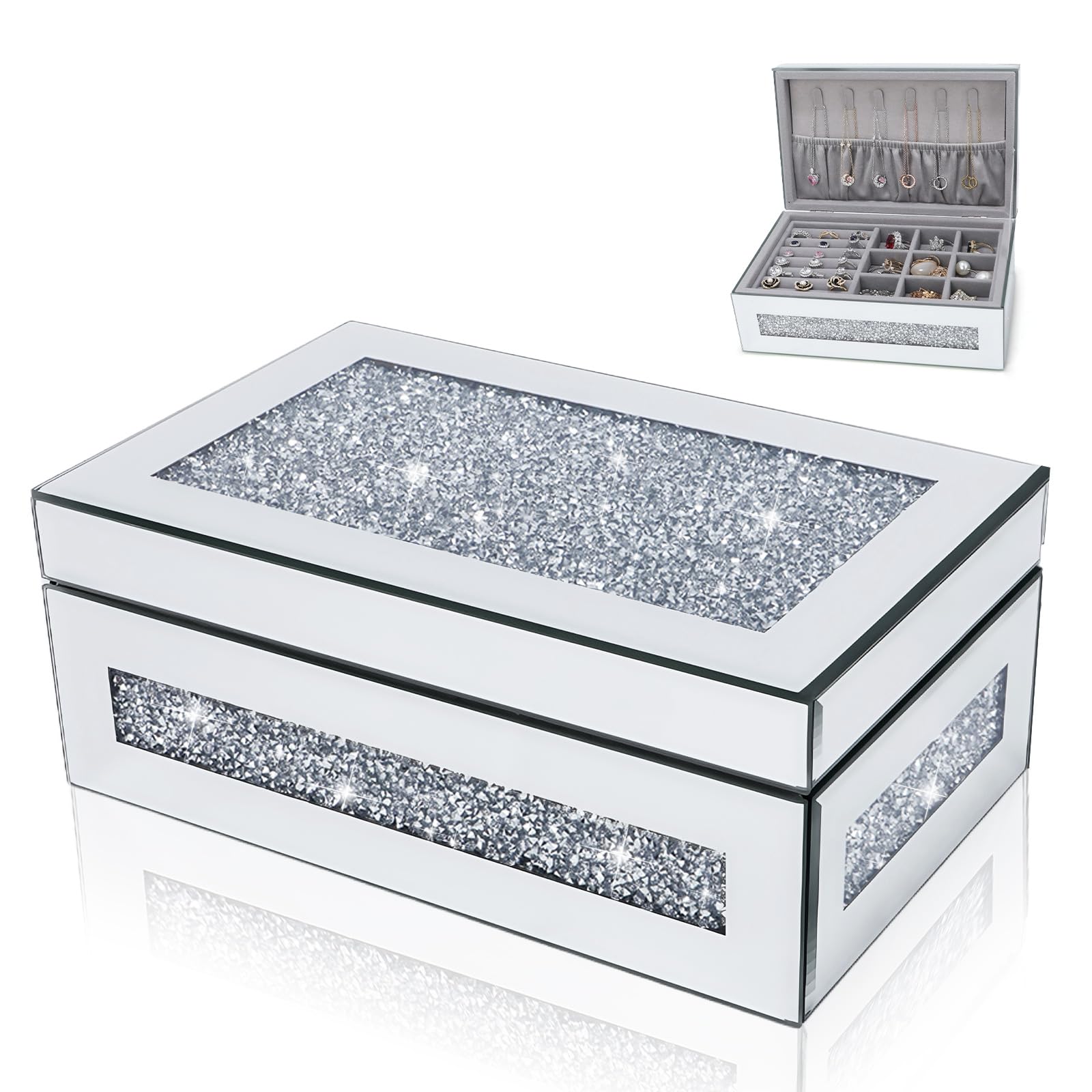 Glam Rhinestone Crystal Silver Glass Jewelry Box Sparkly Blinged Out Mirror Jewelry Box for Women Elegant Jewel Box