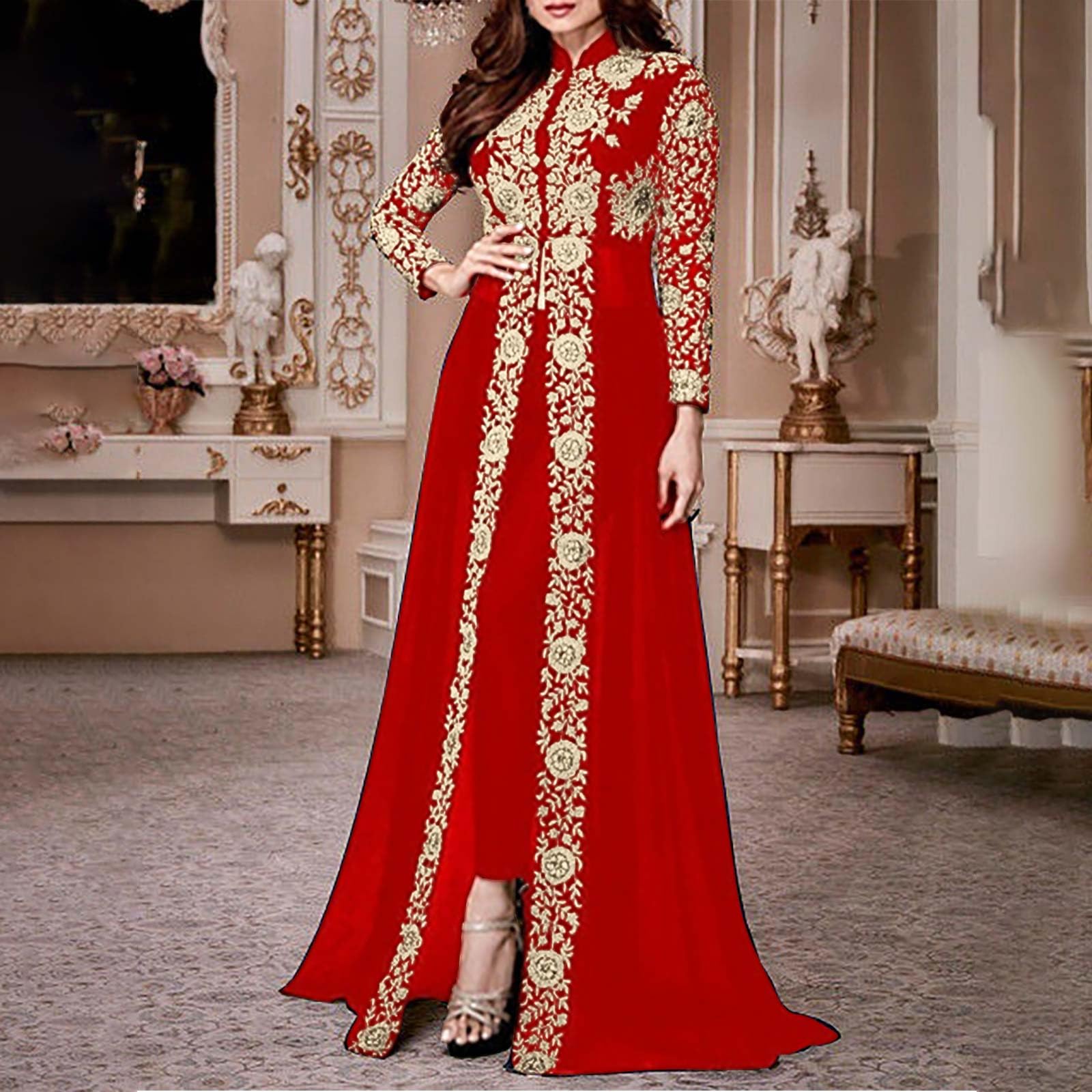 Donne Abaya Vestito Musulmano Dubai Sadui Marocchino Kaftan Ricamato Islamico Ramadan Eid Abito da Festa di Nozze