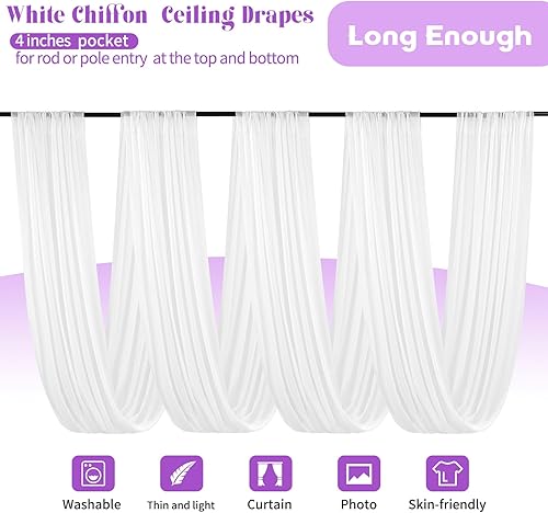 Miniatura 3 de 6 paneles de cortinas blancas para techo de boda, cortinas de techo de 5 x 30 pies, cortinas de tela transparente para arco de boda, cortinas de