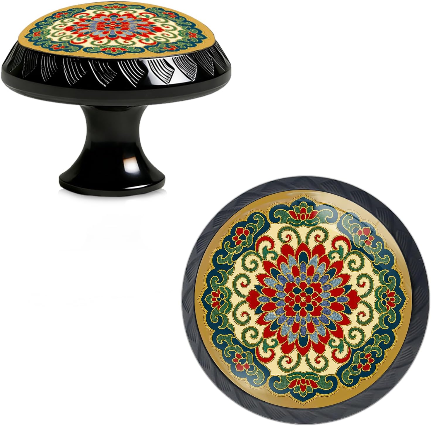 Yiruhe 4 Pack Dunhuang Lotus DesignArt Design Kitchen Cabinet Knobs Acrylic Round Drawer Pulls for Dresser Cupboard Door Handles