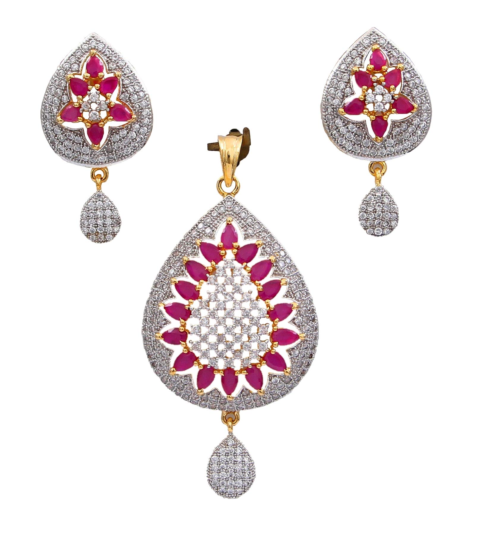 Sparkling Earrings with Pendant Set Gold Plated and Cubic Zirconia Studded Handmade Ethnic Fashion Jewellery Set for Women & Girls