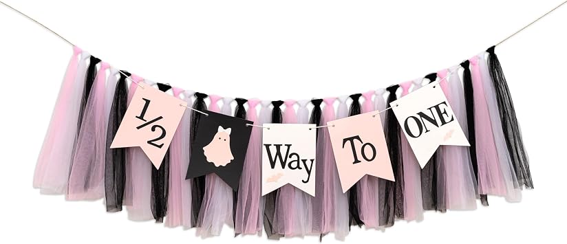 1/2 Way To One High Chair Banner - Halloween Ghost Banner, Summerween Spooky Baby Birthday Decoration, Black Pink White Tulle Party Garland 1/2 spooky banner