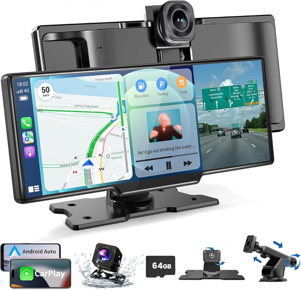 Alpinetech Wireless Carplay Display & Android Auto Display: 10,26 Zoll Tragbares Autoradio mit 4K Dashcam Vorne Rückfahrkamera Siri Bluetooth Mirror Link AUX FM SD-Karte für All Vehicles