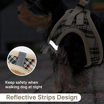 Step-in Dog Harness Small Dogs with Lead Anti-Pull Adjustable Soft Mesh Puppy Harness Reflective Check Pattern Harness for Chihuahuas Puppies and Cats Beige S