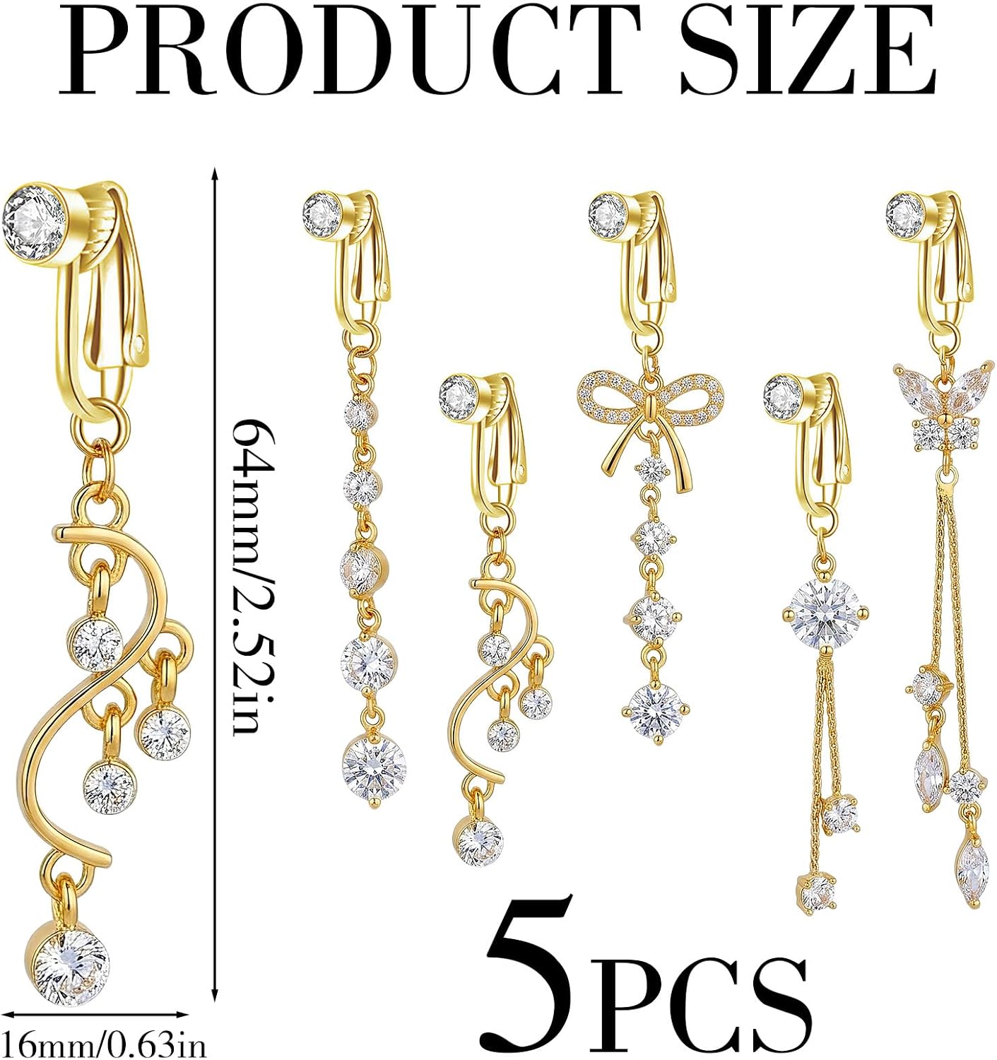5Pcs Long Fake Belly Button Ring Clip-On - Navel Clip with Zirconia for Women, Ear Clips or Clip on Belly Button Rings Non Piercing for Beach Vacation Party Body Accessories