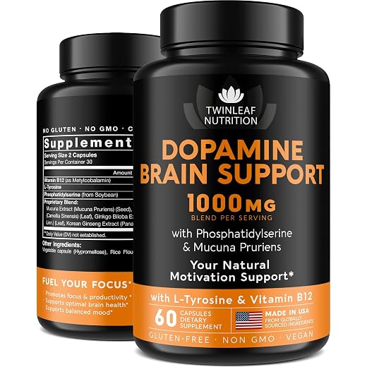 Dopamine Brain Support Supplement - DMAE, Vitamin B12 & L-Tyrosine, 60 caps
