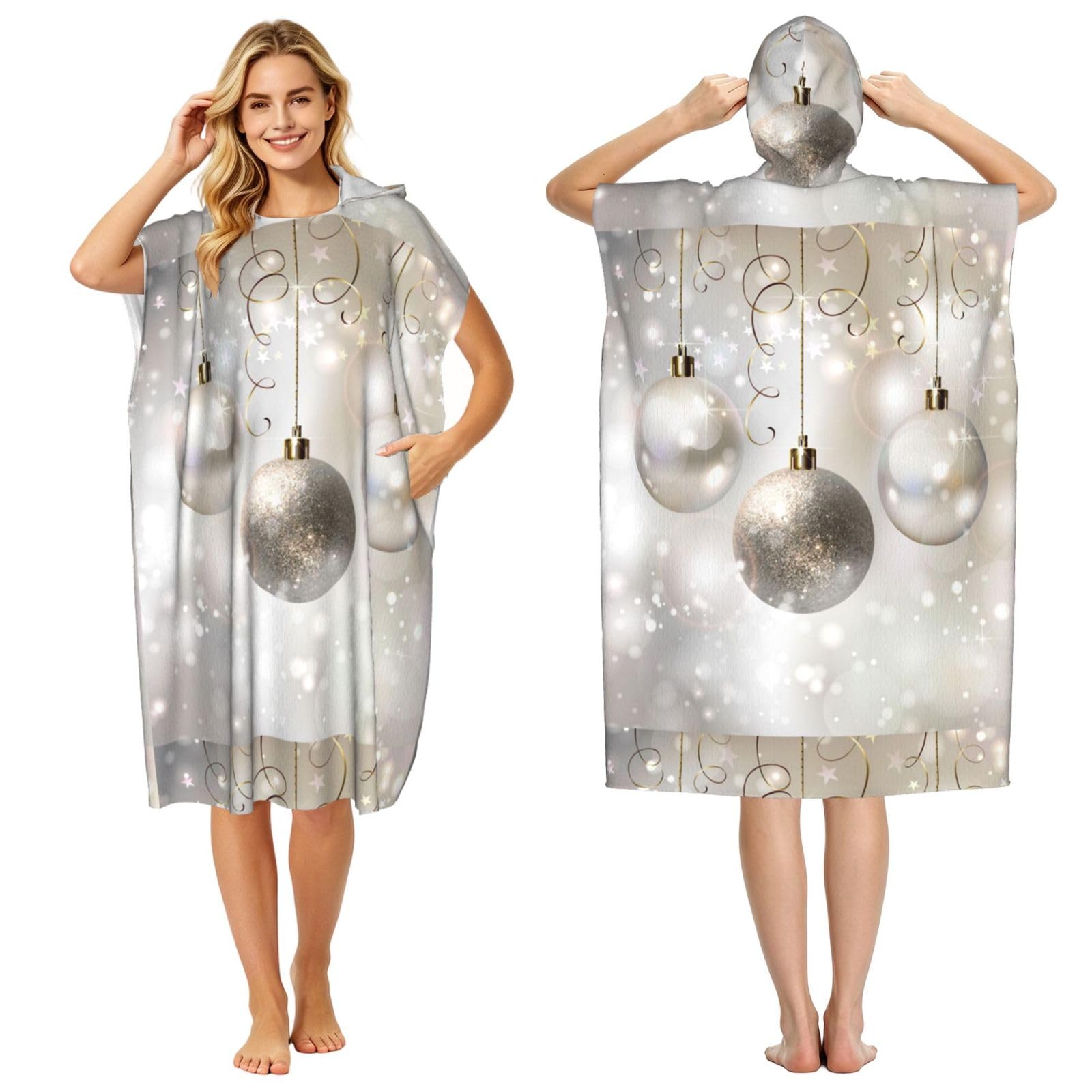 Poadnly Silver Xmas Balls Printed, Adult Hooded Beach Towel 90 x 110 cm,Changing Bath Robe, Surf Poncho Towel For Women Men