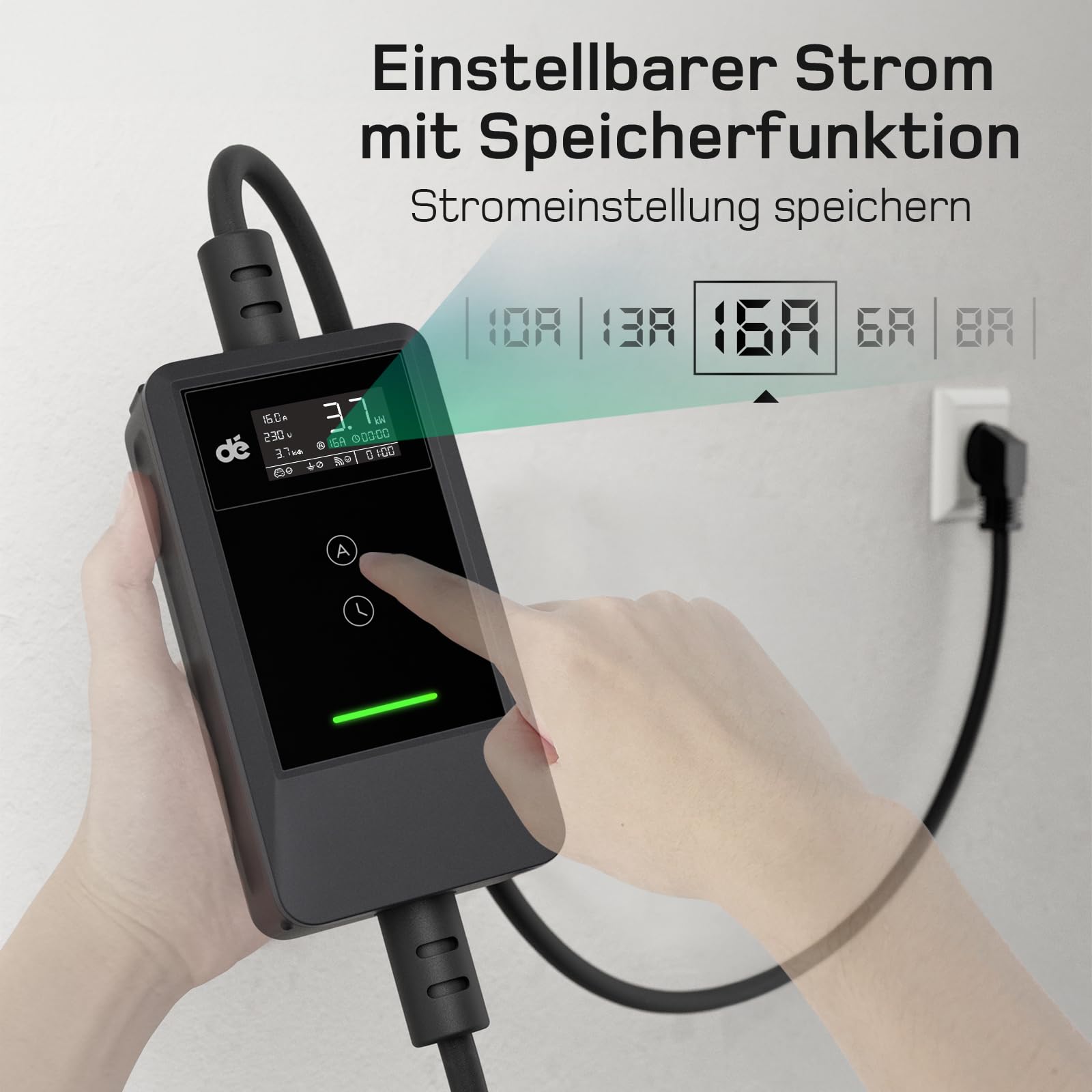 dé Typ 2 Ladekabel Schuko 3,7kW [6-16A, 1-phasig] Ladekabel Typ 2 Schuko mit Digitalem LCD - EV Charger 3,7kW für e Auto ID.3/4/5/7, Model Y/3, ENYAQ und Anderen PHEV/EV, 6,5m Schwarz