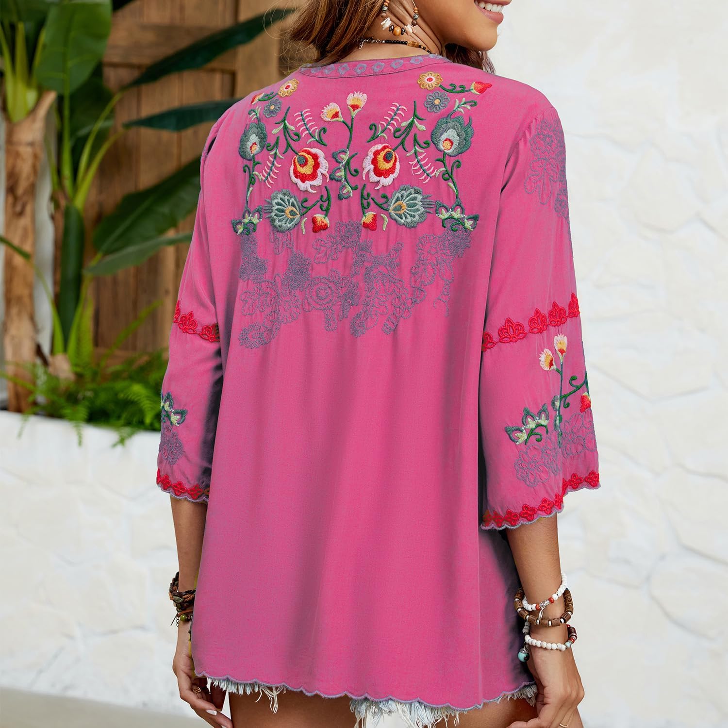 Mexican Shirts Peasant Blouses Cotton Embroidered 3/4 Sleeve Summer V Neck Tunic Bohemian Tops Boho Clothes for Women - Image 5
