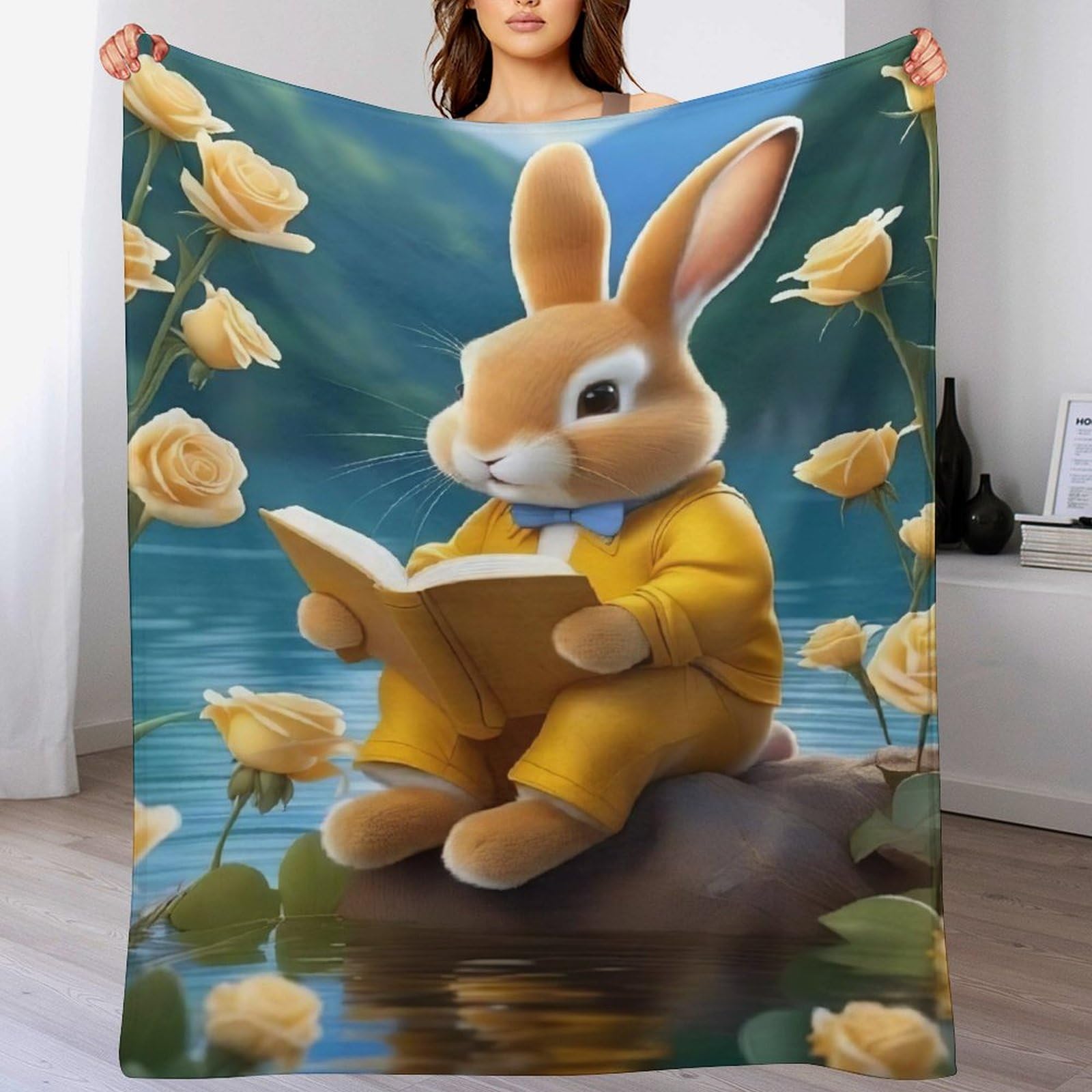 Couverture polaire lapin mignon flannel polyester plaid doux et chaud jeté de canapé