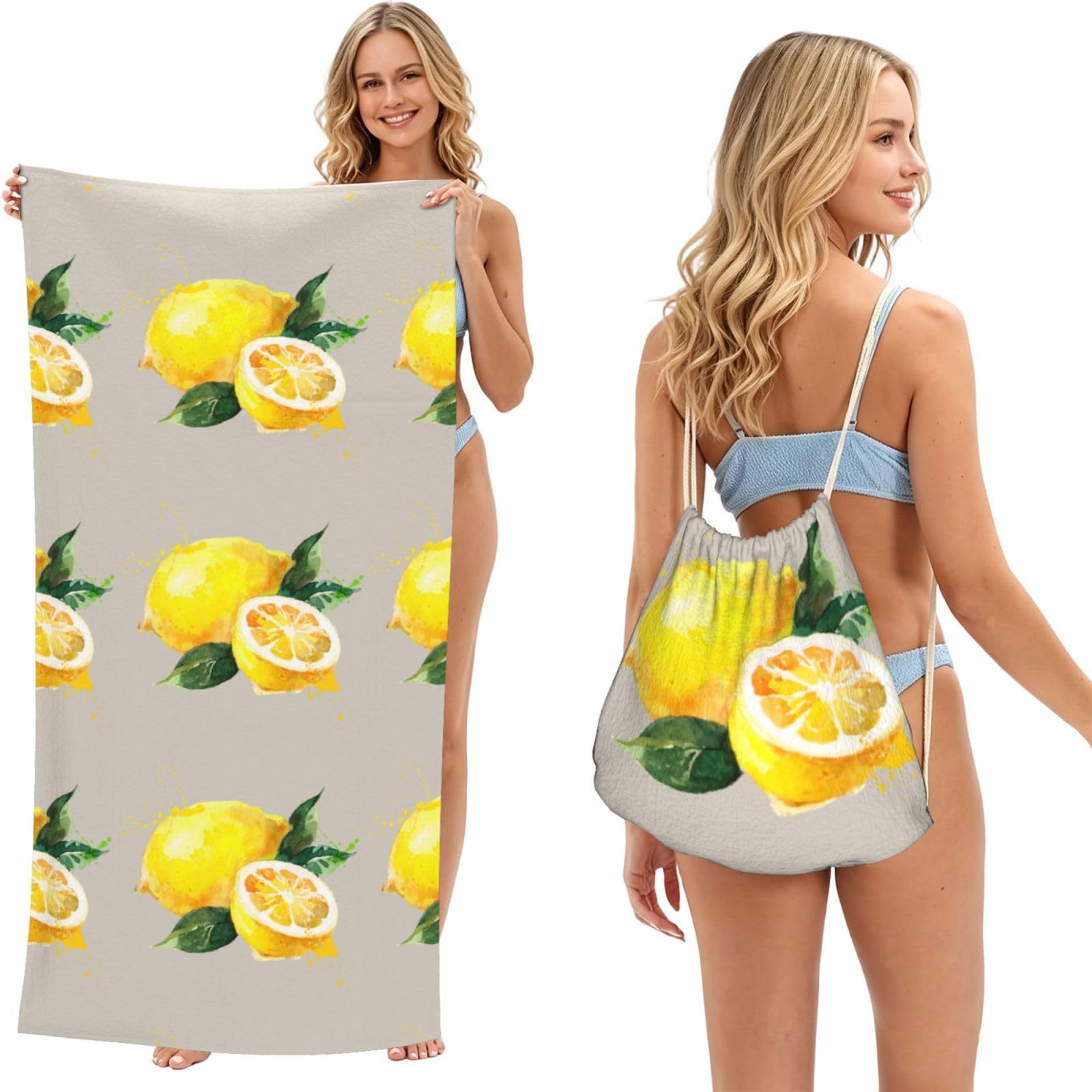 Poadnly As Picture Watercolor Summer Fruit Lemons Slich Leaves, 2 In 1 Packable Towel Bag, Beach Towels With Drawstring Backpack For Travel Holiday Camping