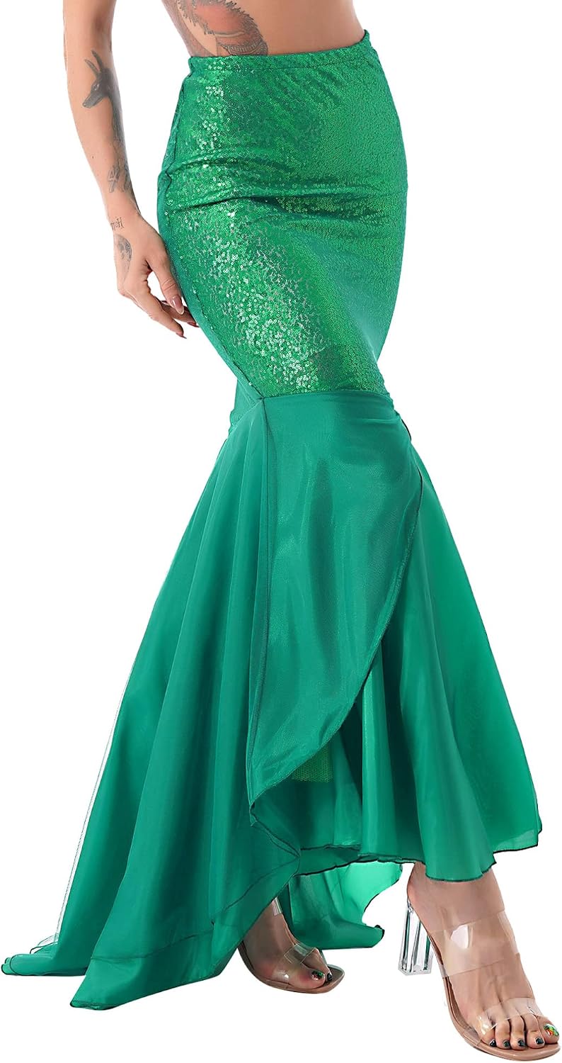 FEESHOW Women's Mermaid Tail Halloween Costumes Party Shiny Sequins Long Skirt