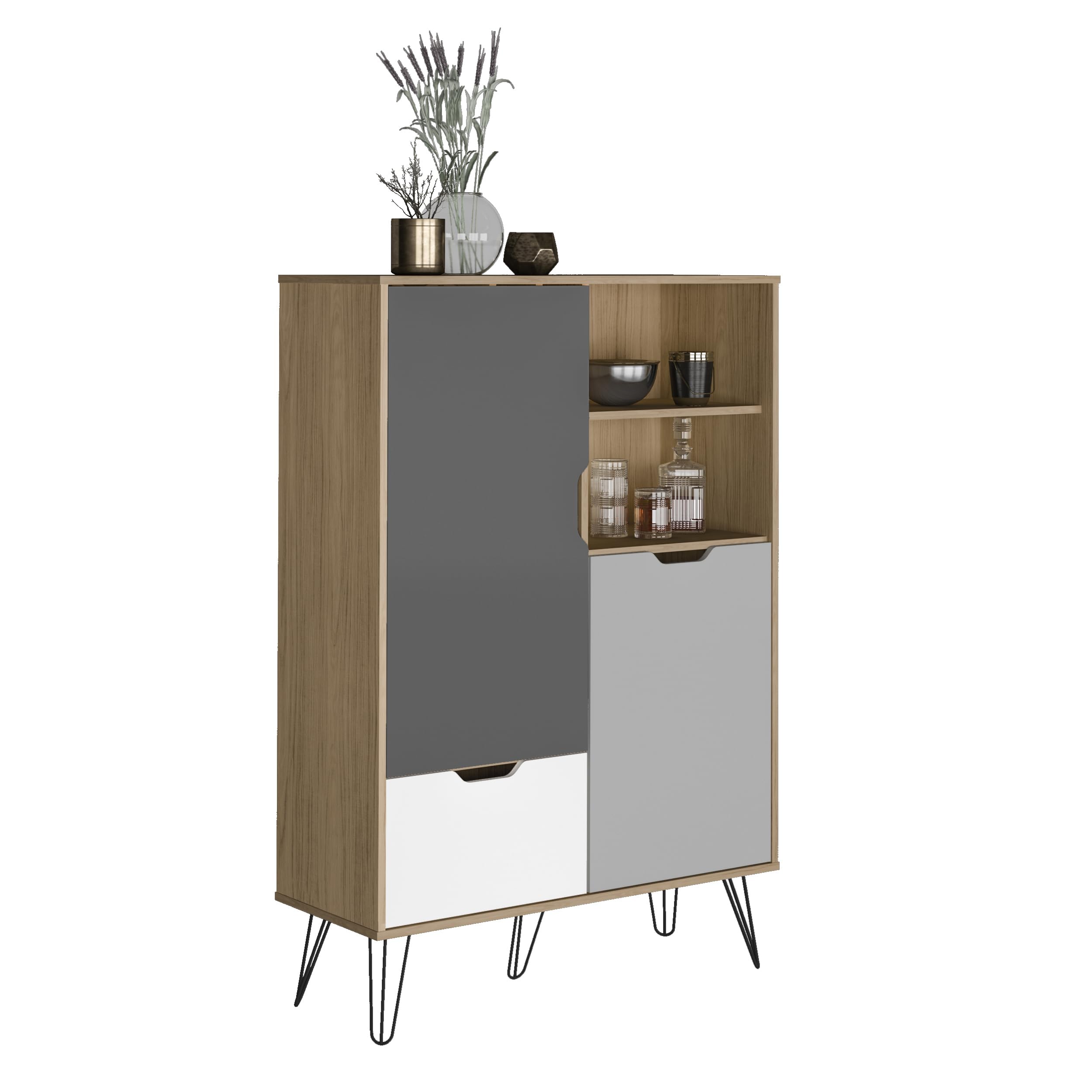 MOMMA HOME Conjunto Completo de Salon y Comedor, Modelo Estocolmo, Acabado Roble, Blanco y Gris, Aparador + Mueble TV + Mesa de Centro + Aparador Alto Botellero