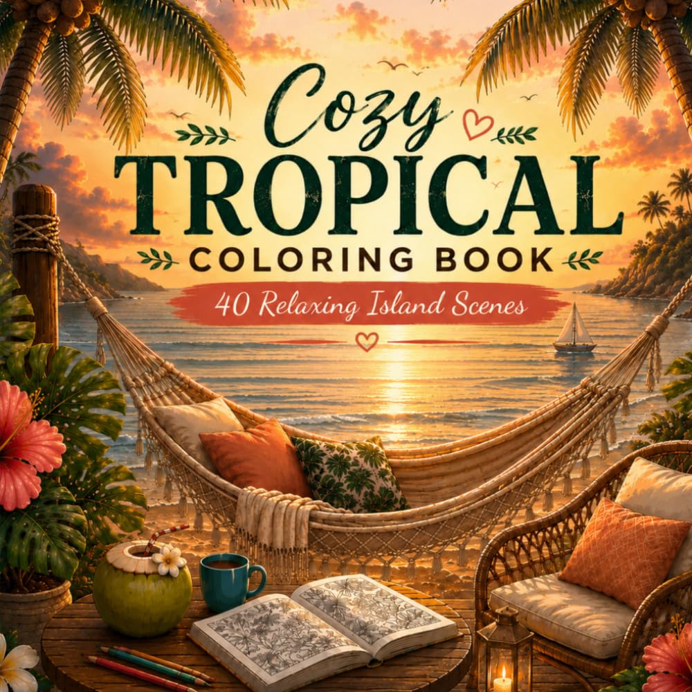 Cozy Tropical Escape Coloring Book: 40 Relaxing Island Scenes | Bold & Easy Designs for Adults (Cozy Moments)