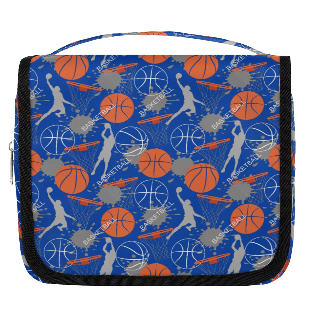 WowPrint Bolsa de aseo de viaje para atletas de baloncesto con fondo azul para mujeres, hombres, niños, niñas, niños, pelota de baloncesto, bolsa de cosméticos, bolsa de aseo colgante, organizador de artículos