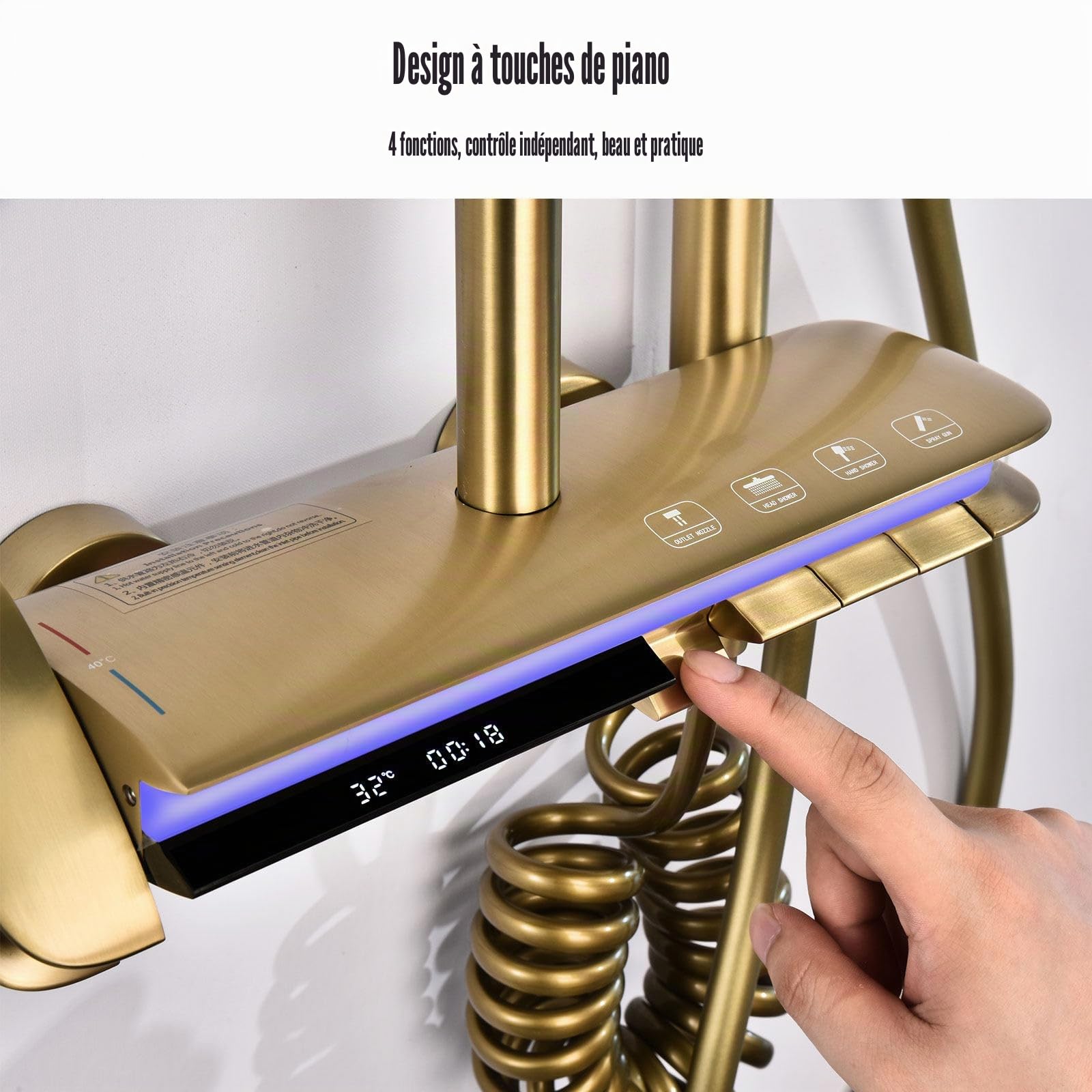 Colonne de Douche Thermostatique, 4 Touches de Piano de Fonction Ensemble de Douche, 31x20cm Carré Pommeau de Douche, Affichage Numérique, Lumière d'ambiance à DEL 360° (Or Brossé)