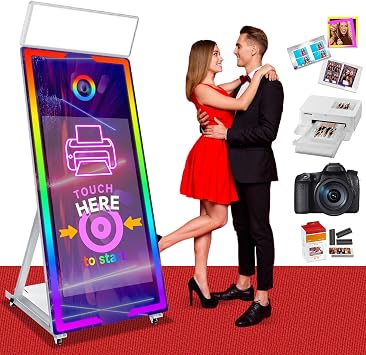 Magic Mirror Photo Booth 65 with with Camera and Printer, Selfie Mirror Photo Booth App Remote Control RGB Light, Instant Print and Sharing 43 Touch Screen for Event Party Wedding Rental