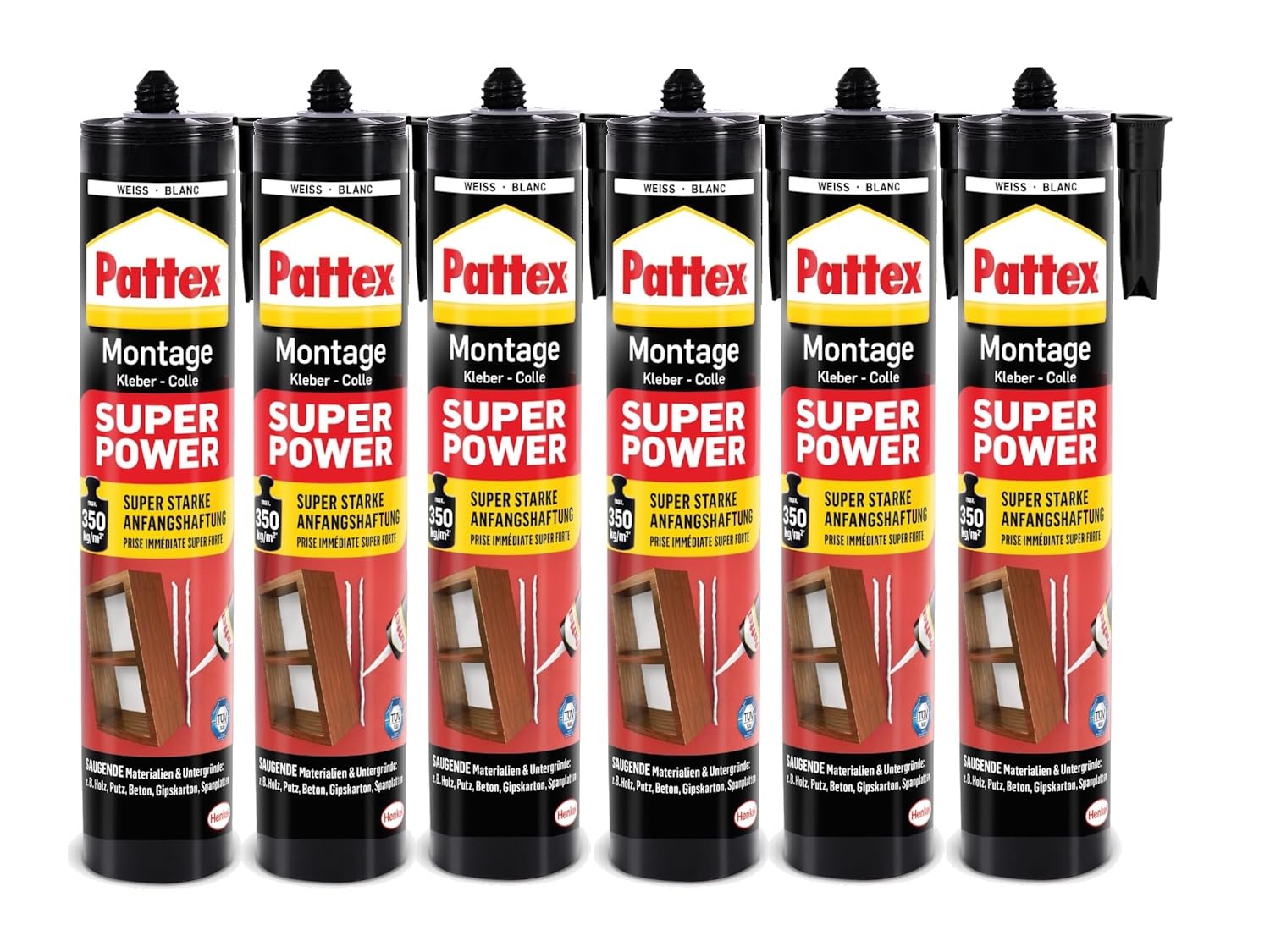 Pattex Montagekleber Super Power, Kartusche, weiß, 6x 370g | Hochfester Baukleber für schwere Objekte – ideal für Innen- & Außenbereich