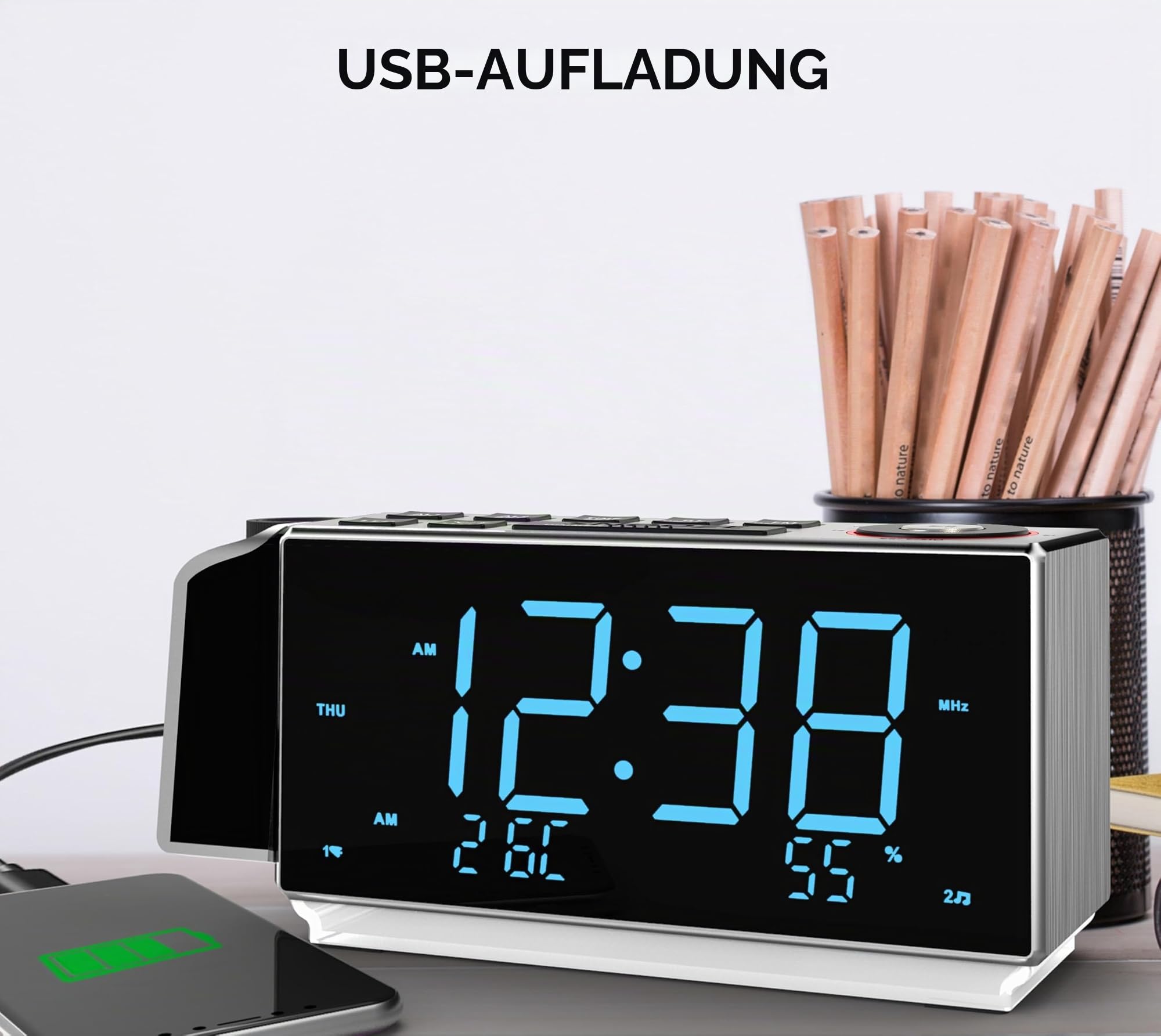 Projektionswecker, iTOMA FM-Dual Alarm-Radiowecker, USB-Aufladung, Digital-FM-Radio, Nachtlicht, 1,8" Ice Blue-LED-Anzeige, Auto & Manual Dimmer (CKS509)