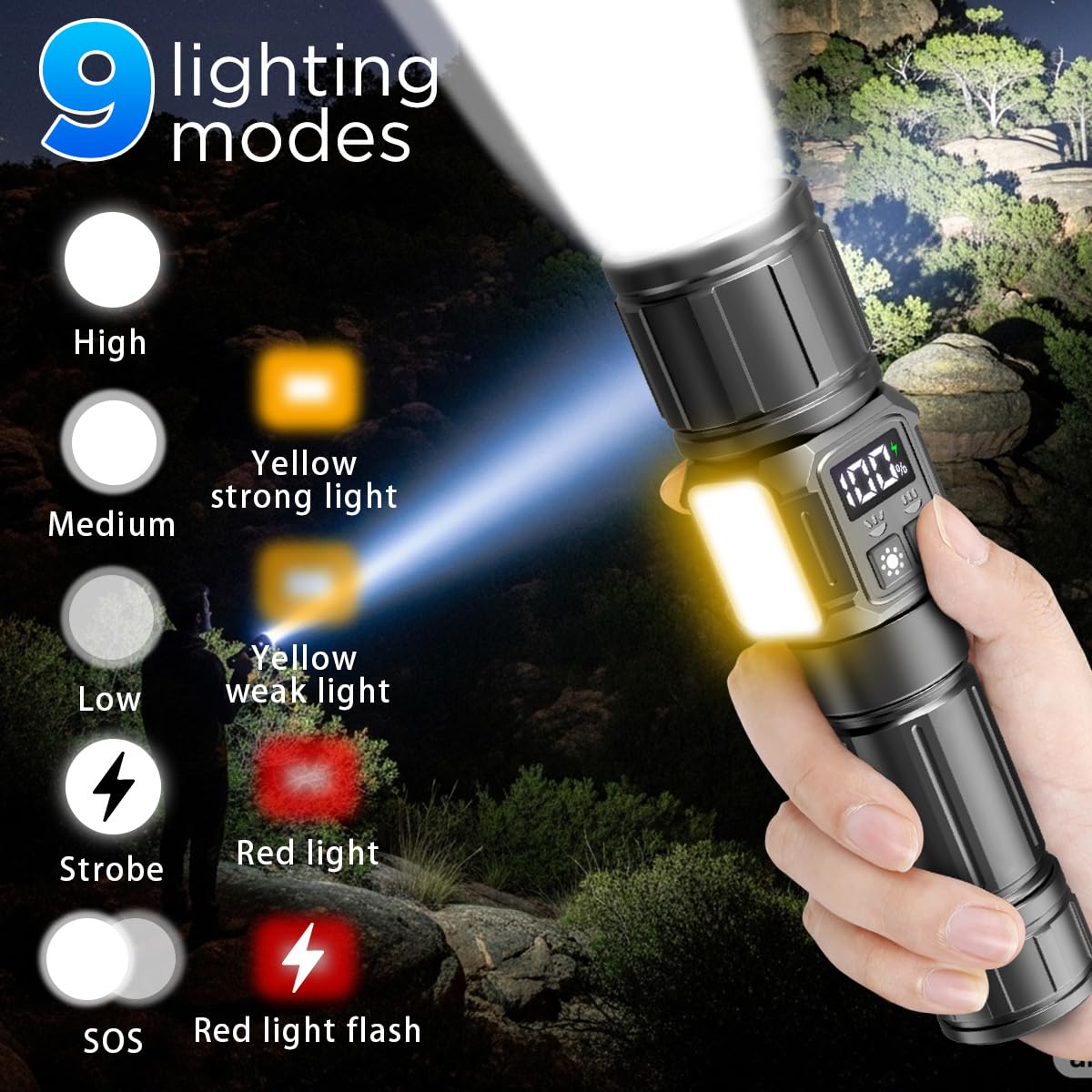 Lampe de poche LED rechargeable par USB - Extrêmement lumineuse - 10 000 lumens - Lampe de poche étanche avec 5 modes - Pour le camping, l'intérieur et l'extérieur