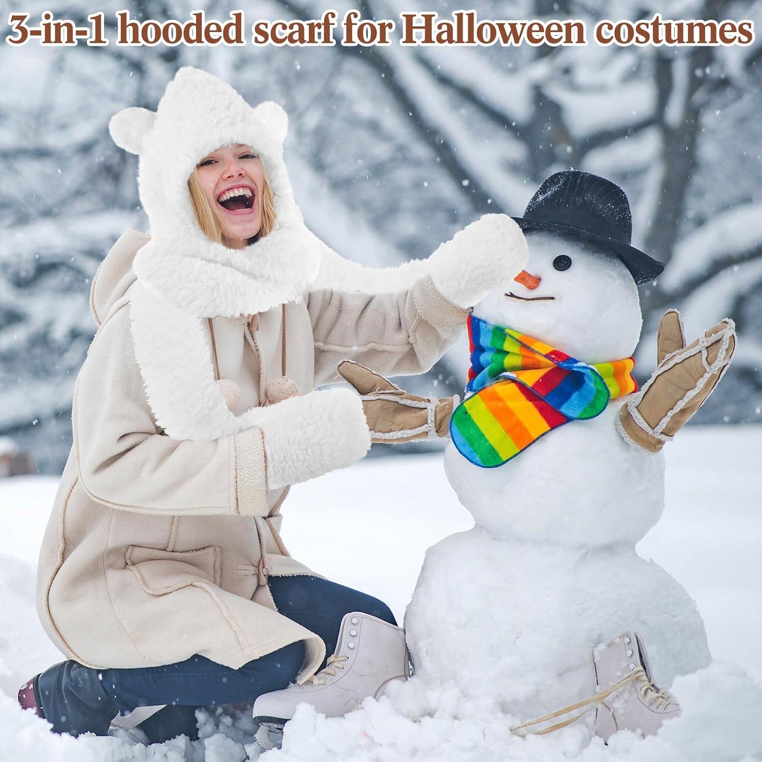 Coume 3 Pack Winter Fleece Women Bear Ear Sherpa Hooded Scarf Hat Gloves Hooded Scarf Ear Protection Windproof Cap - Image 5