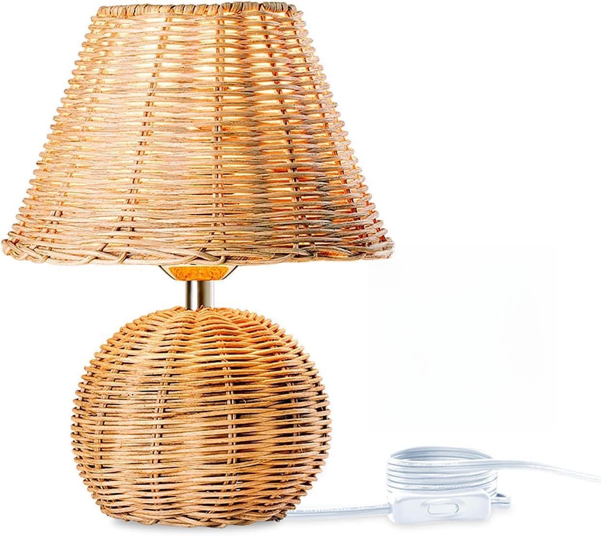 Lampada Da Tavolo Boho Con Base in Legno, Lampada Retrò in Rattan