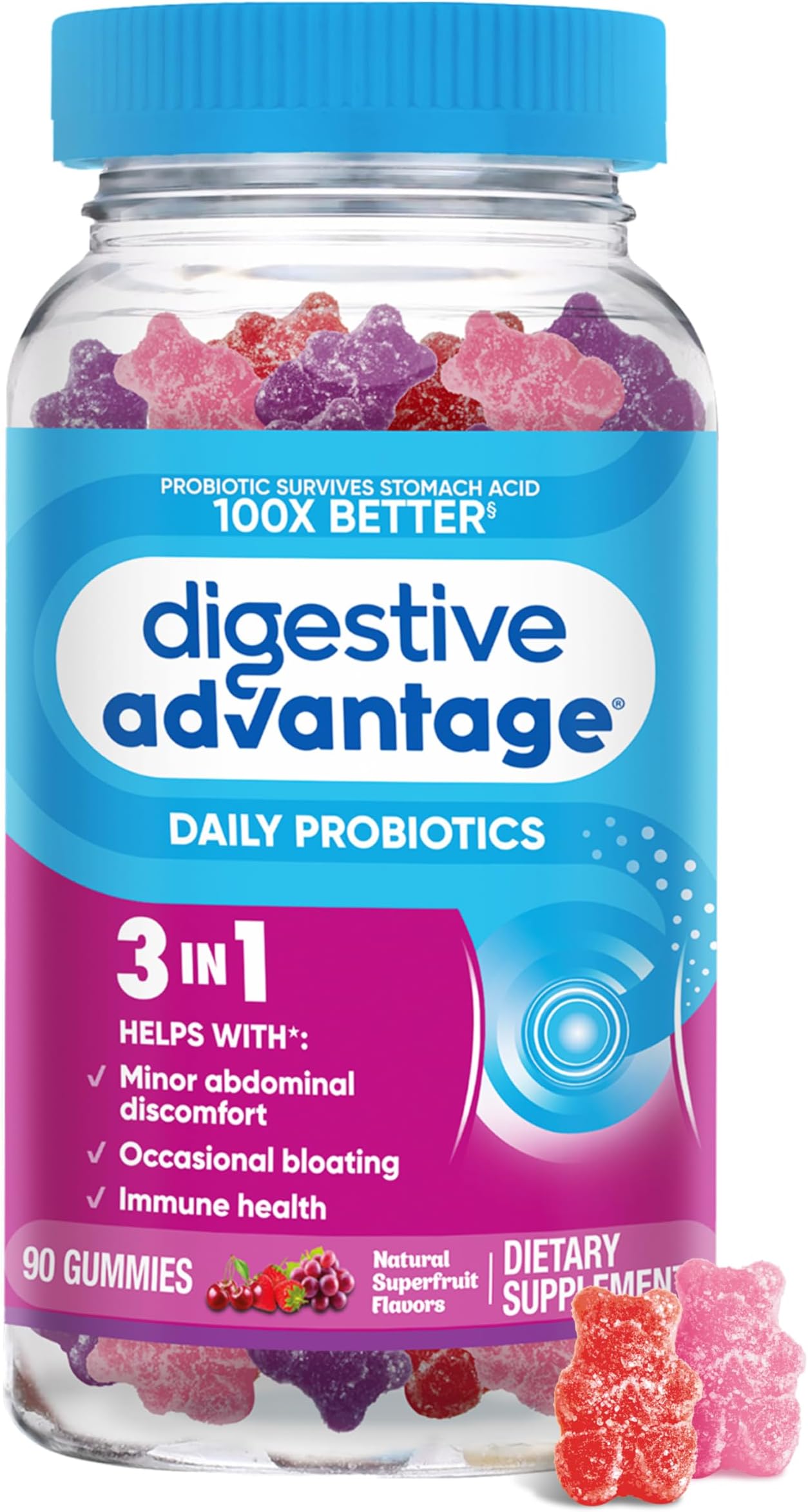 Digestive Advantage Probiotic Gummies For Digestive Health, Daily Probiotics For Women & Men, Support For Occassional Bloating, Minor Abdominal Discomfort & Gut Health, 90ct Superfruit