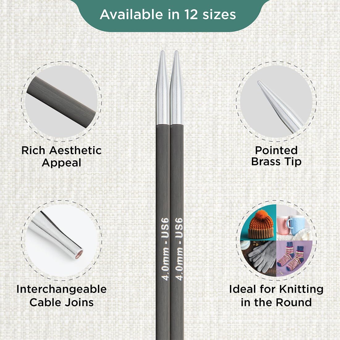 KnitPro Karbonz Interchangeable Circular Needle 5" (13cm) | US Size 6 (4mm)