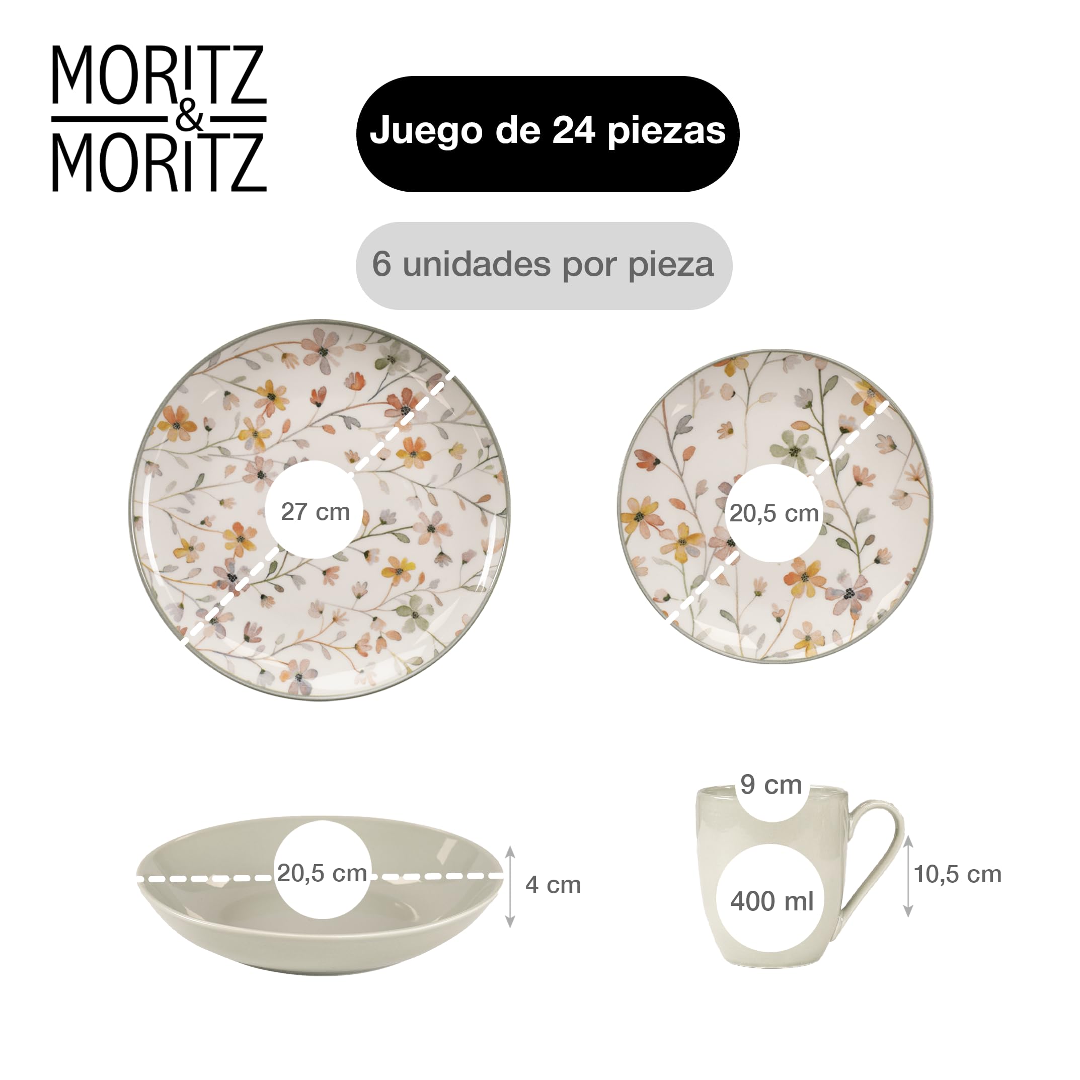 Moritz & Moritz Primavera Juego de vajilla de gres 6 personas 24 piezas - Moderno servicio de mesa con diseño juguetón, fácil de cuidar servicio de café con juego de platos, cuencos y tazas - Servicio