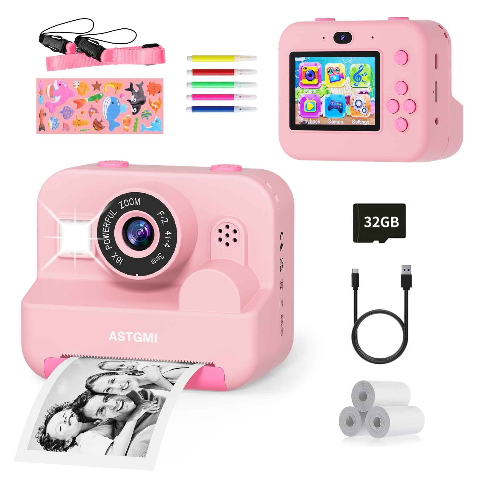 Camara Fotos Infantil instantaneas,Selfi Camara instanea,1080P 2,4''HD Video Camara Fotos Infantil para niños con Tarjeta SD de 32GB,Regalos de Juguete para niñas de 3 a 12 años Cumpleaños Navidad