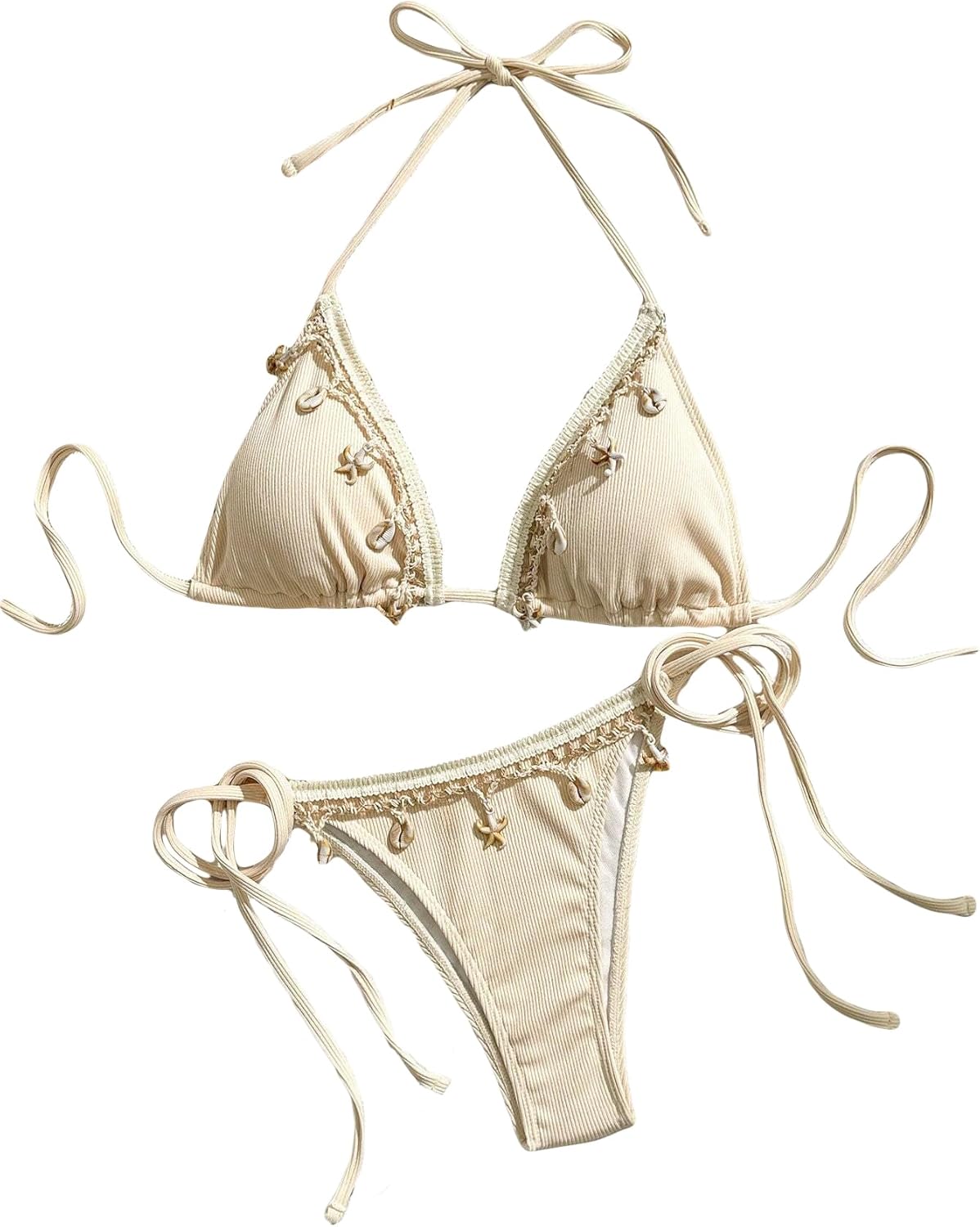 Women's Shell Decoration Boho Bathing Suit Halter High Waist Summer Swimsuit Bikinis Set