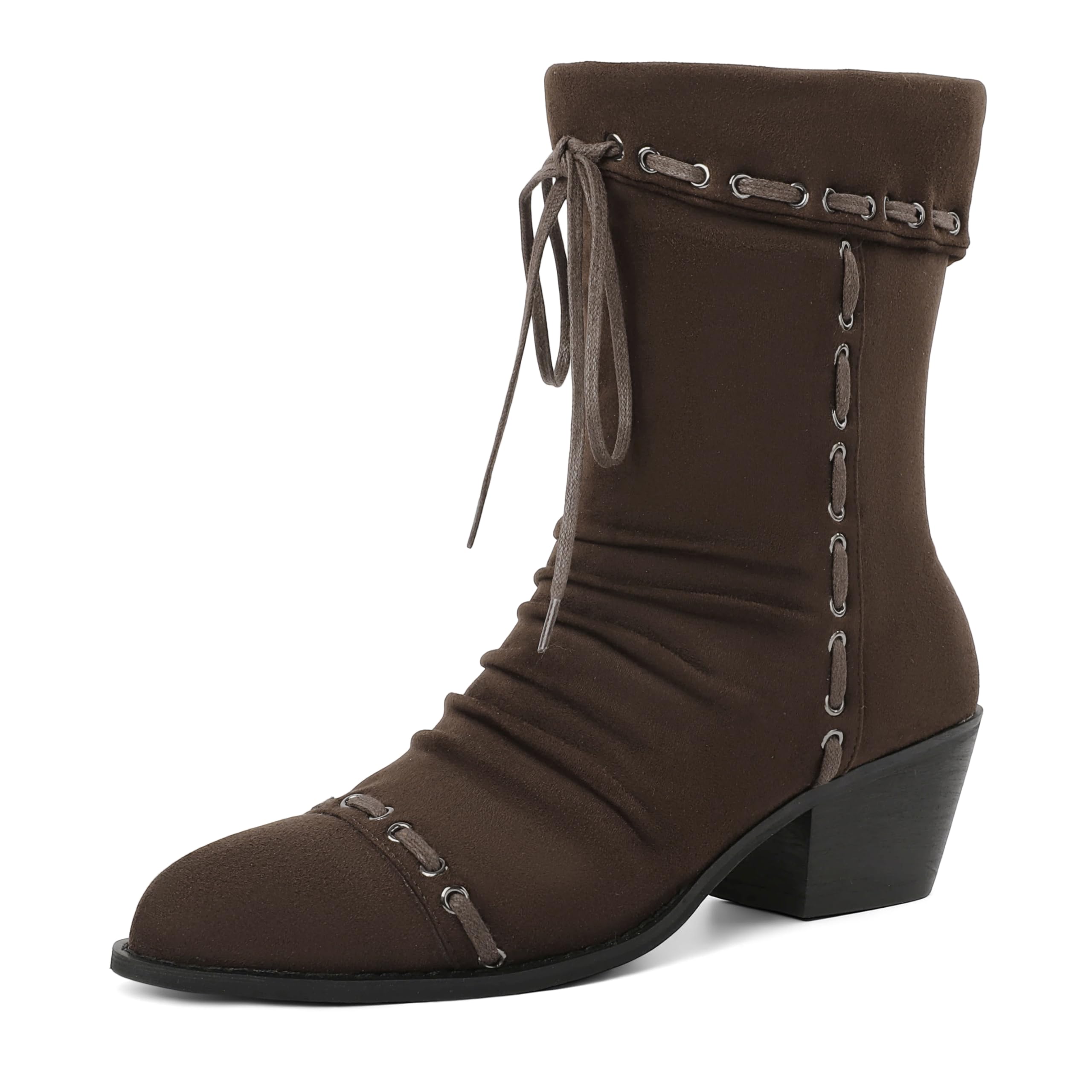 Zamikoo Chunky Heel Mid Calf Boots for Women Round Toe Lace Up Short Booties Fall Winter Boot 2