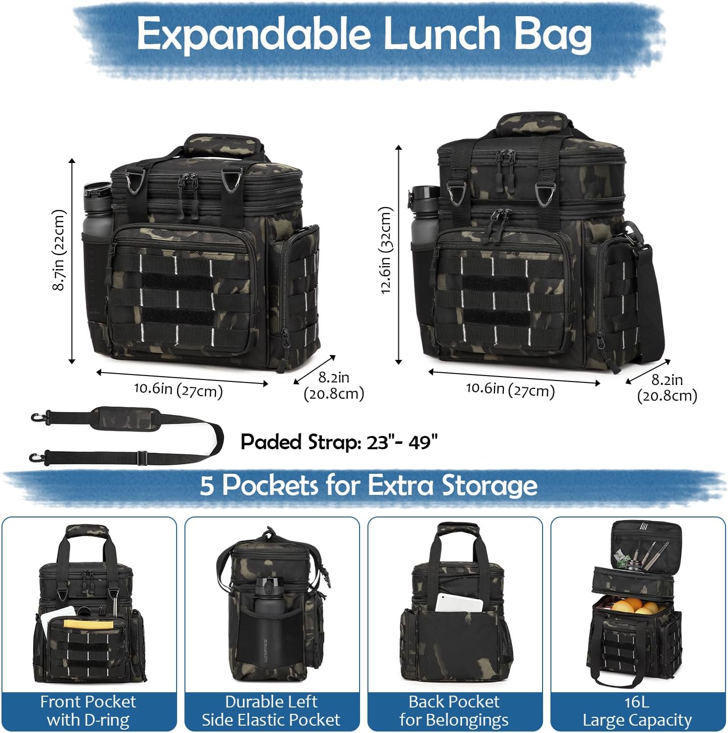 Tactical Lunch Box Cooler Bag for Men, Insulated Double Deck Work Lunchbox