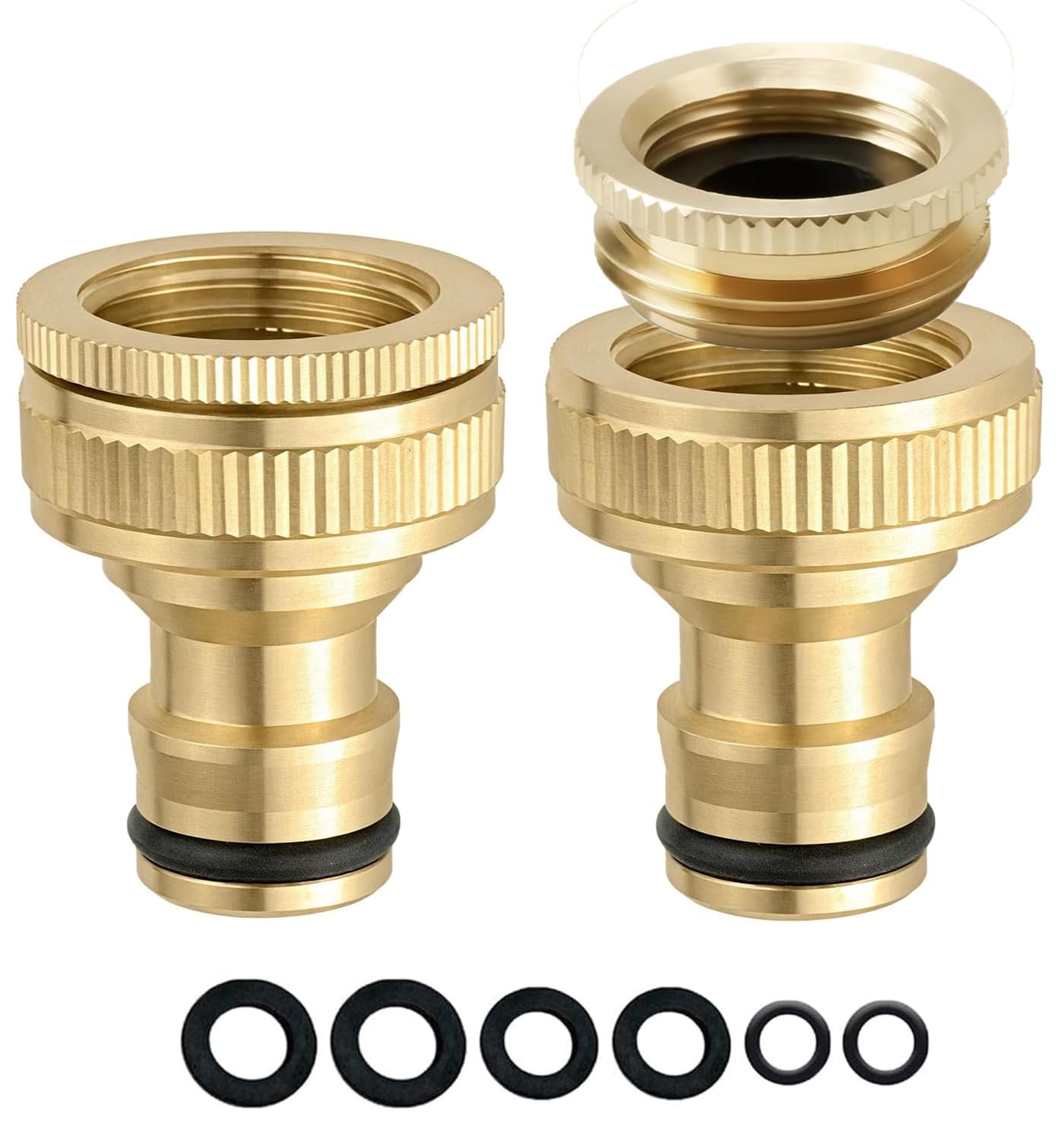 CARAGO Brass Garden Hose Connector, Hose Pipe Connector 2-in-1 Female Threaded Fits 1/2 Inch & 3/4 Inch Outside Tap Hose Adapter, Quick Connect Water Faucet Adapter 2 Pack