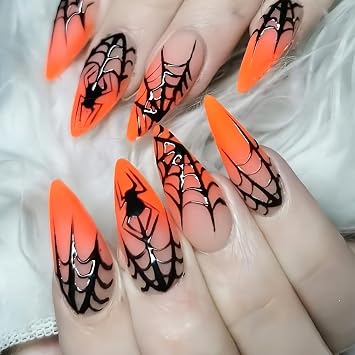 24Pcs Orange Halloween Nail Medium Almond Spider Spider Web Design Gradient Glossy False Nail Full Cover Coffin Press on Nails Halloween Artificial Acrylic Fingernails for Women Festival Manicure