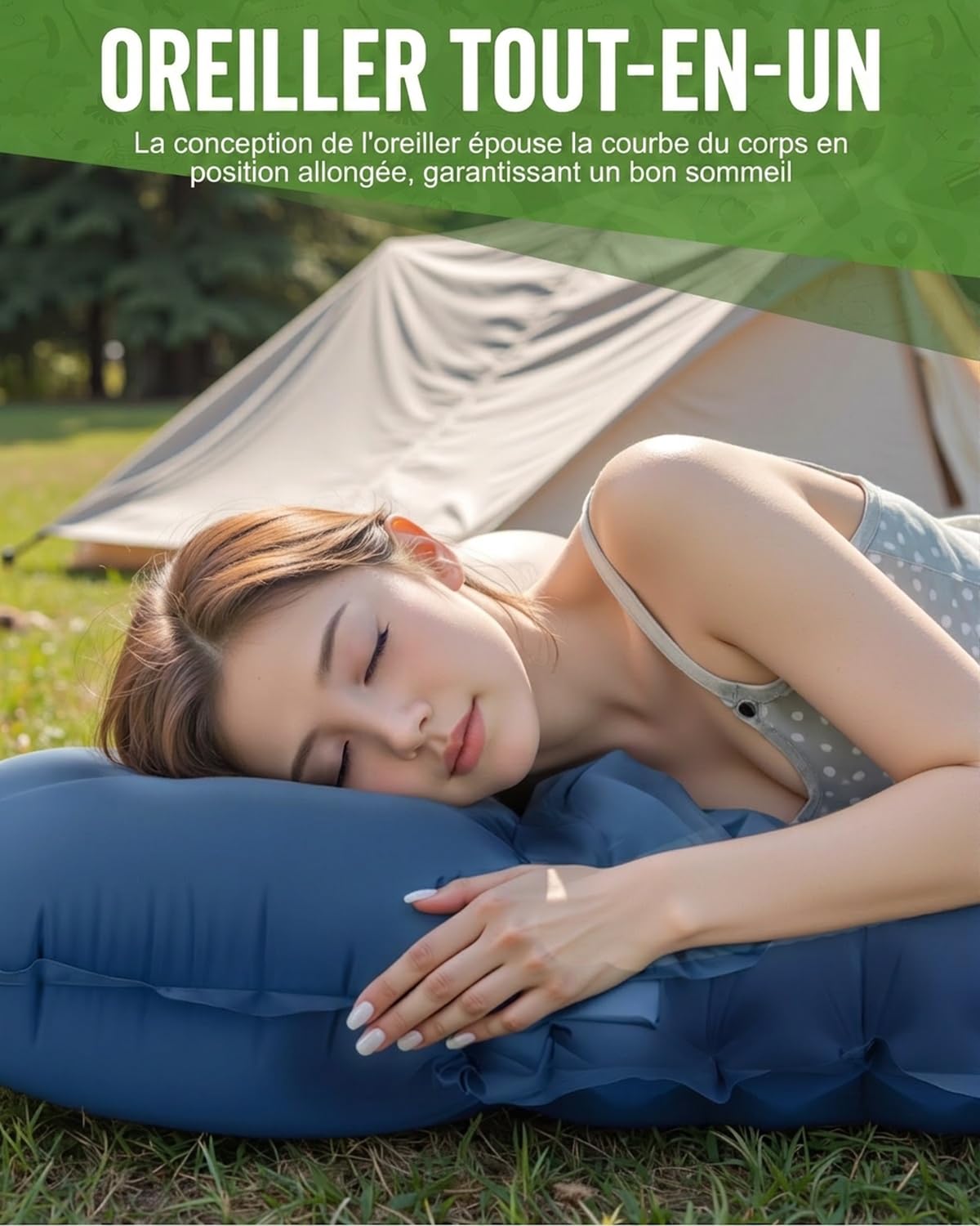 Matelas Gonflable 2 Personnes Camping Autogonflant avec Pompe à Pied et Oreillers Intégrés Imperméable Compact Bleu Marine