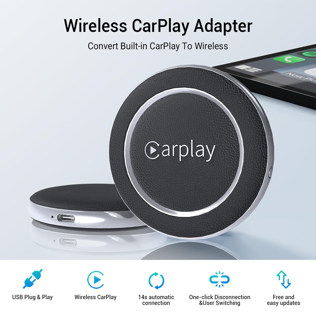Wireless CarPlay Adapter, Converts Wired to Wireless CarPlay Dongle for iPhone iOS 10+, Stable Control & No Delay, Genuine Leather