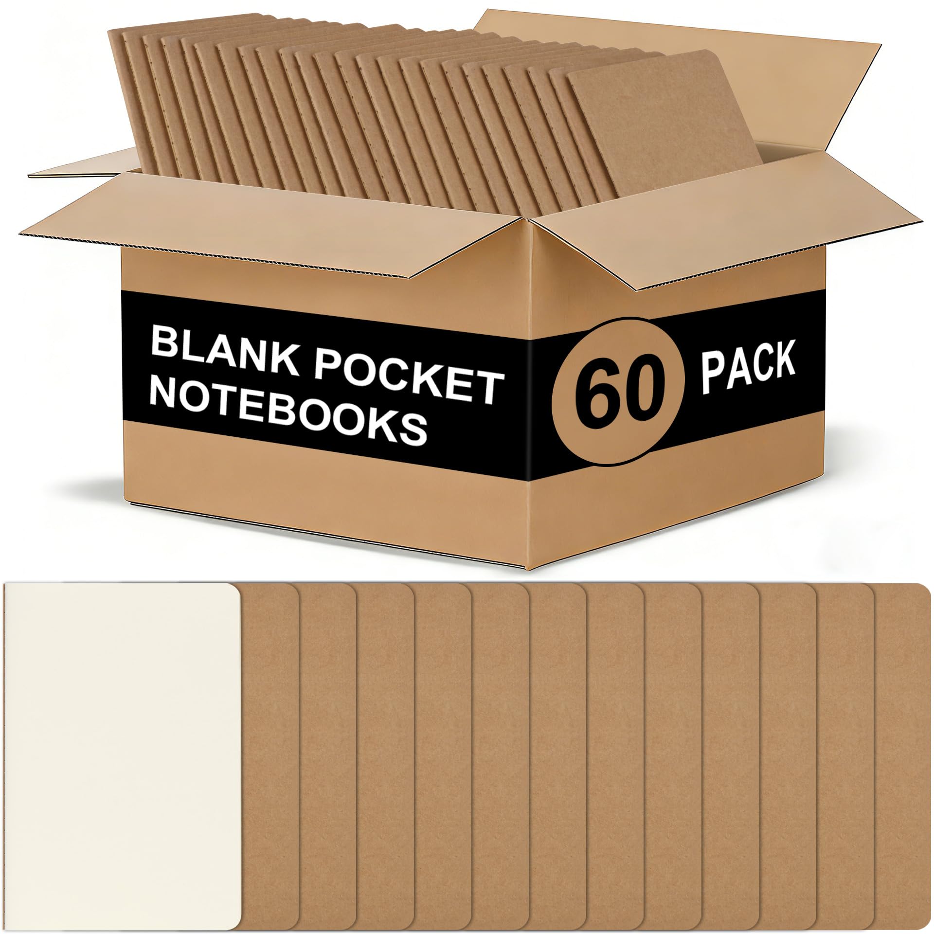 ZCZN 60 Pack Kraft Pocket Notebooks Bulk, 3.5 X 5.5 Inches Blank Paper Journaling Notebooks, 30 Sheets/60 Pages, Mini Journal Notebooks for Work, Writing, Drawing Memo Notepad(Kraft Cover)