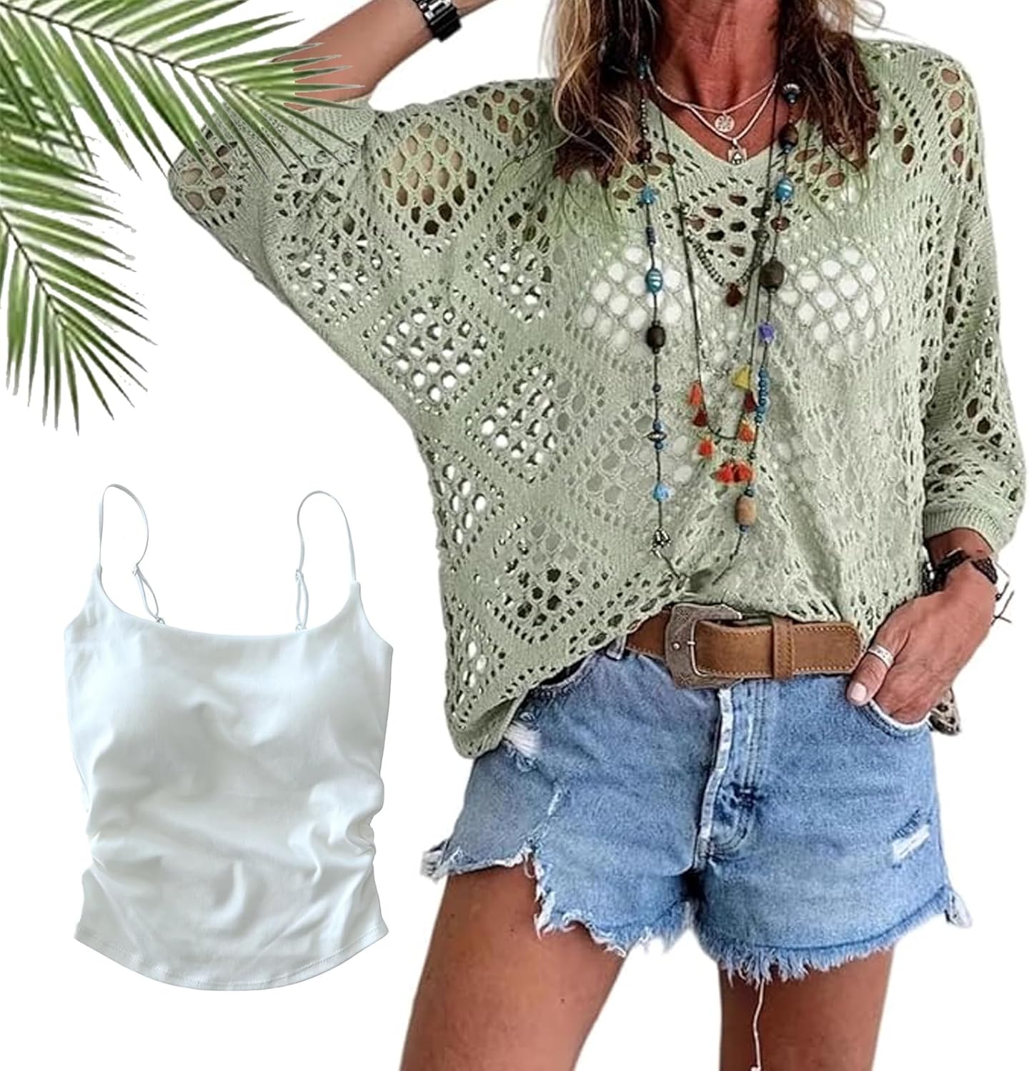 Women's Bohemian-Inspired Beige Crochet Top with V-Neck, Casual Crochet Summer Tops Loose Fit Hollow Out Beach Cover up